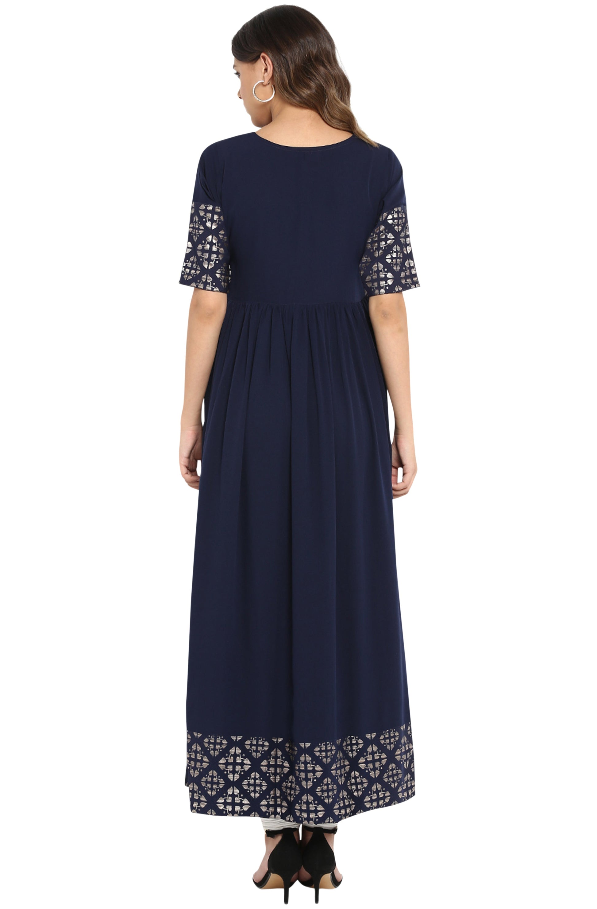 Janasya Dark Blue Poly Crepe Foil Print Flared kurta 