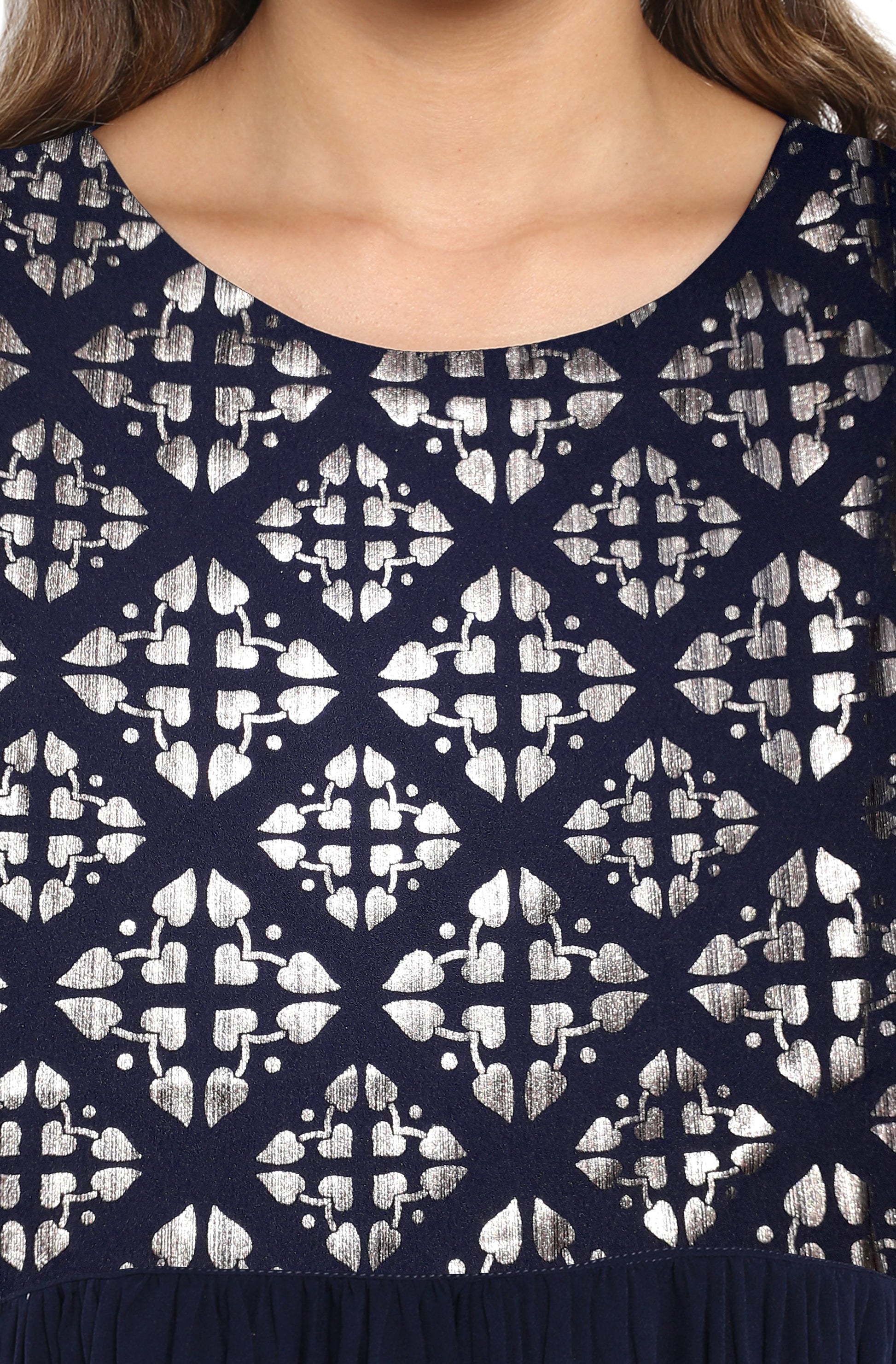 Janasya Dark Blue Poly Crepe Foil Print Flared kurta 