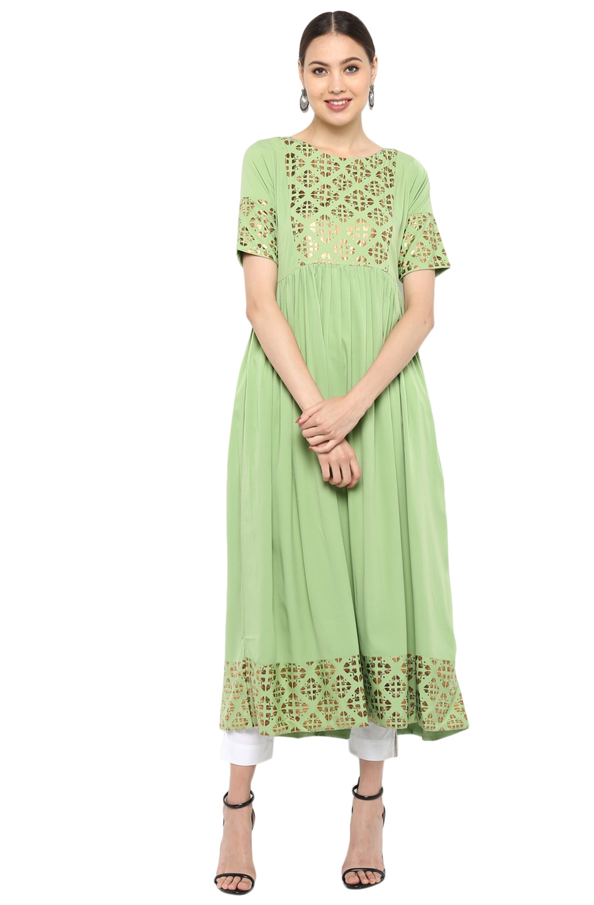 Janasya Light Green Poly Crepe Gold Print Flared kurta 
