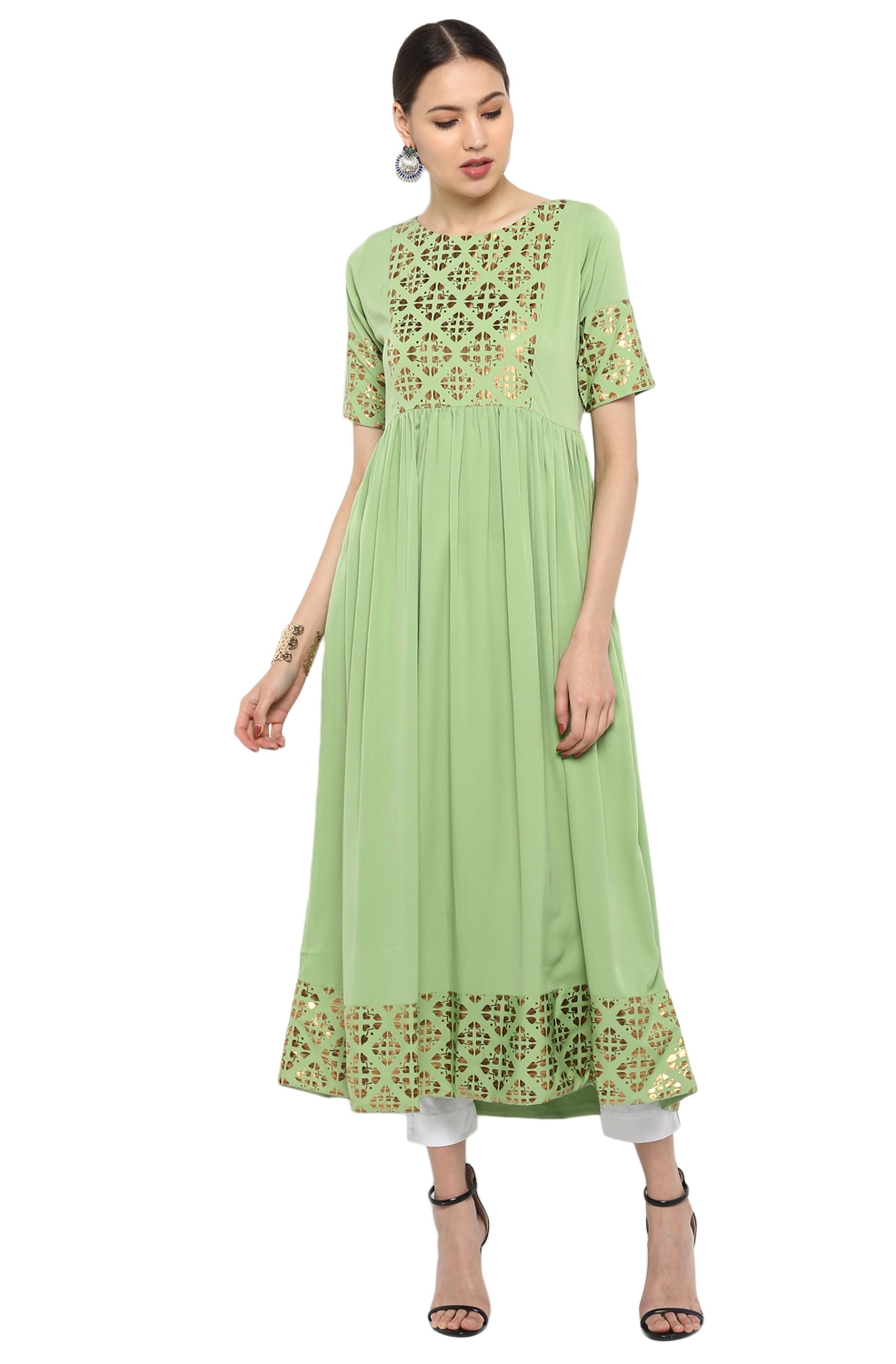Janasya Light Green Poly Crepe Gold Print Flared kurta 