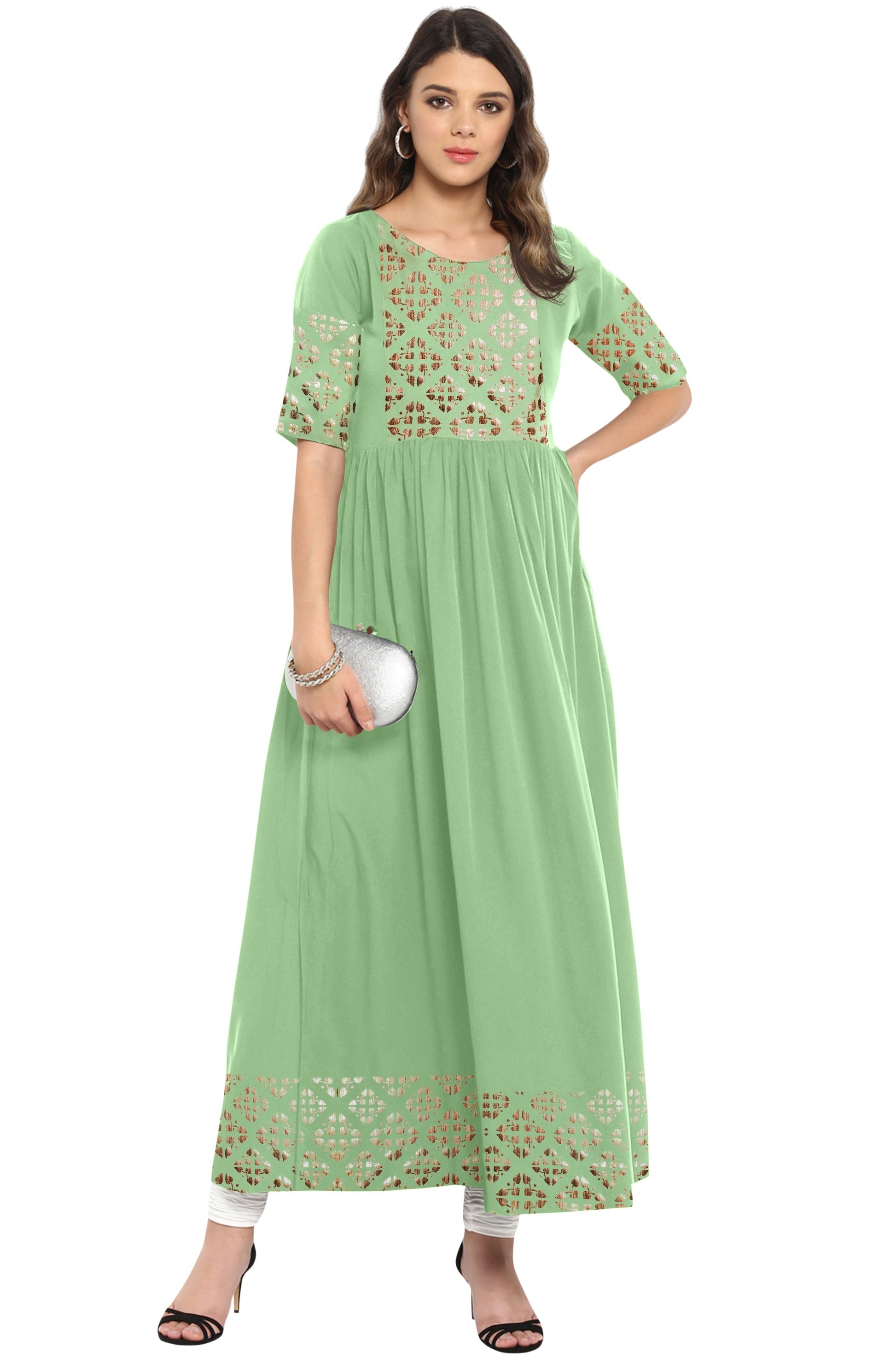 Janasya Light Green Poly Crepe Gold Print Flared kurta 