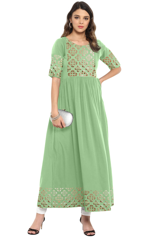 Janasya Light Green Poly Crepe Gold Print Flared kurta 