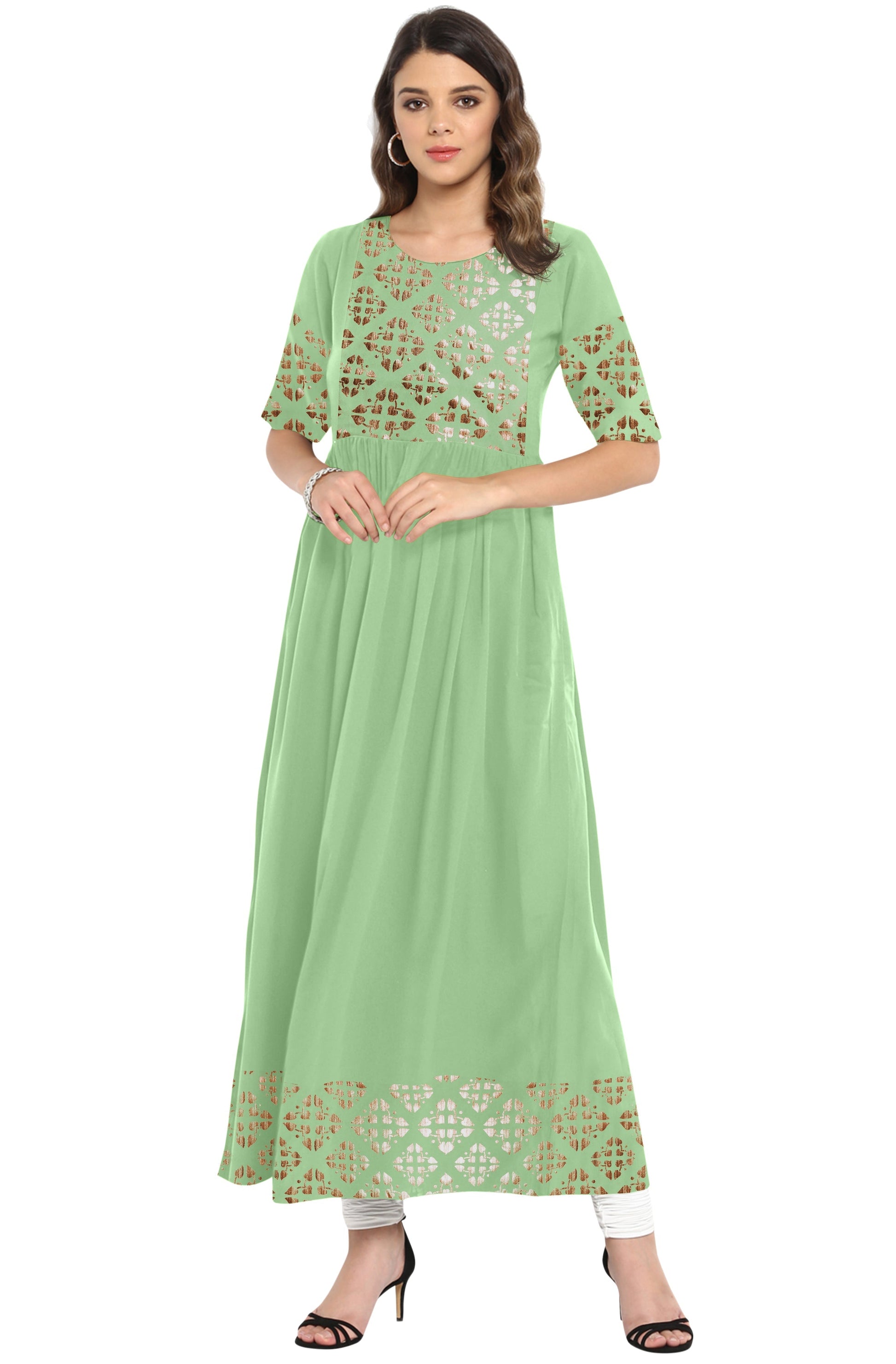 Janasya Light Green Poly Crepe Gold Print Flared kurta 