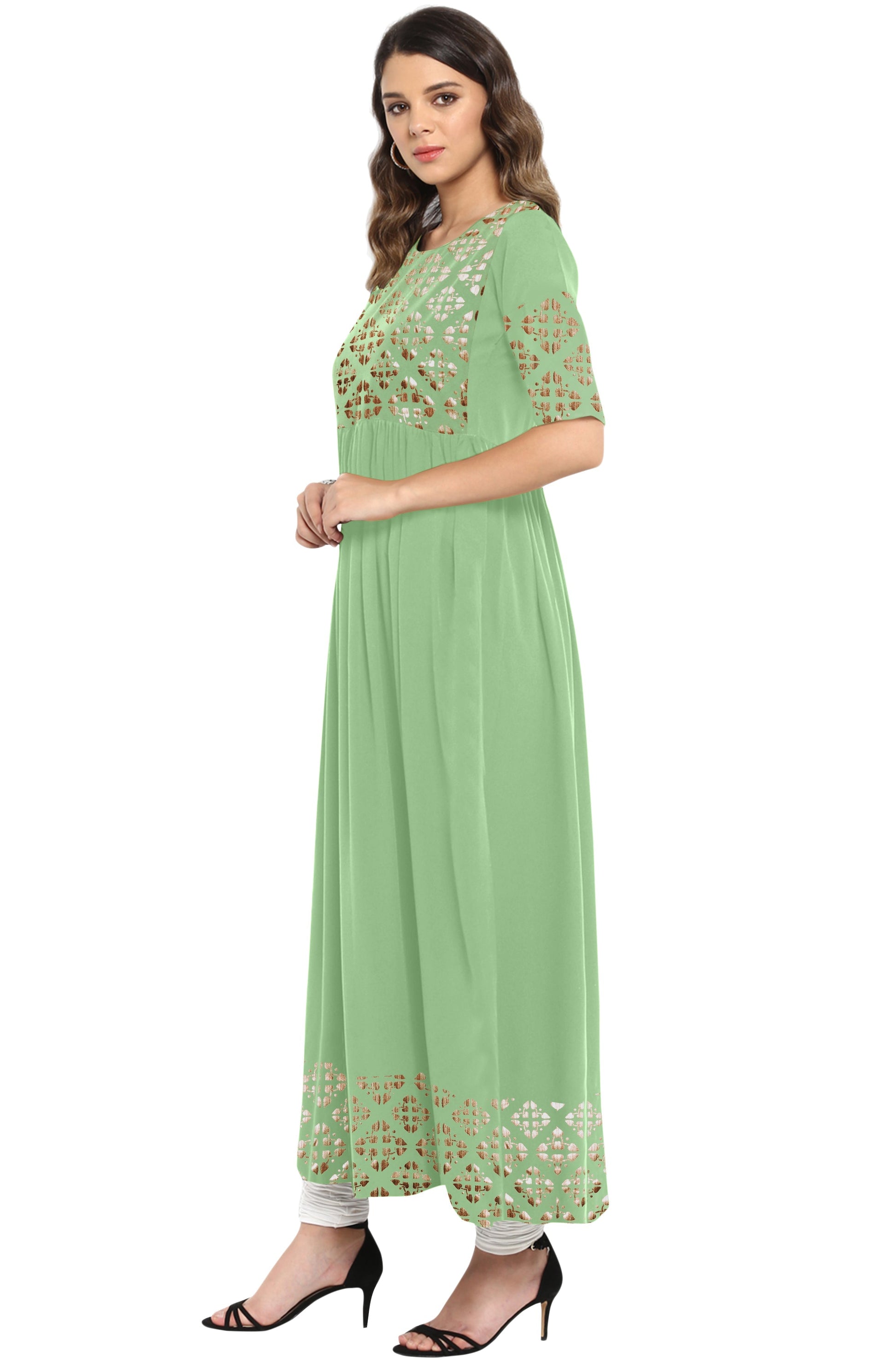 Janasya Light Green Poly Crepe Gold Print Flared kurta 