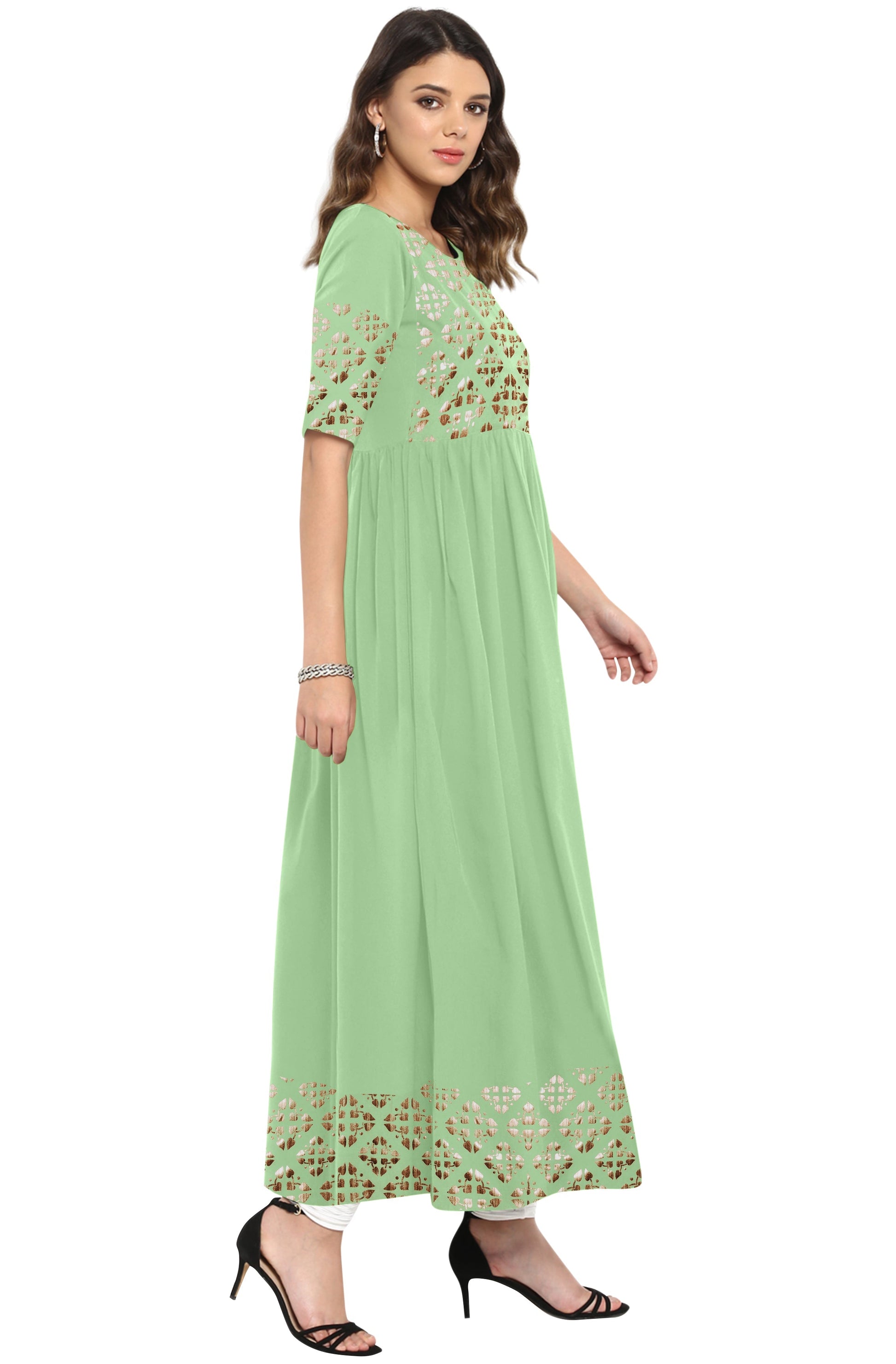 Janasya Light Green Poly Crepe Gold Print Flared kurta 