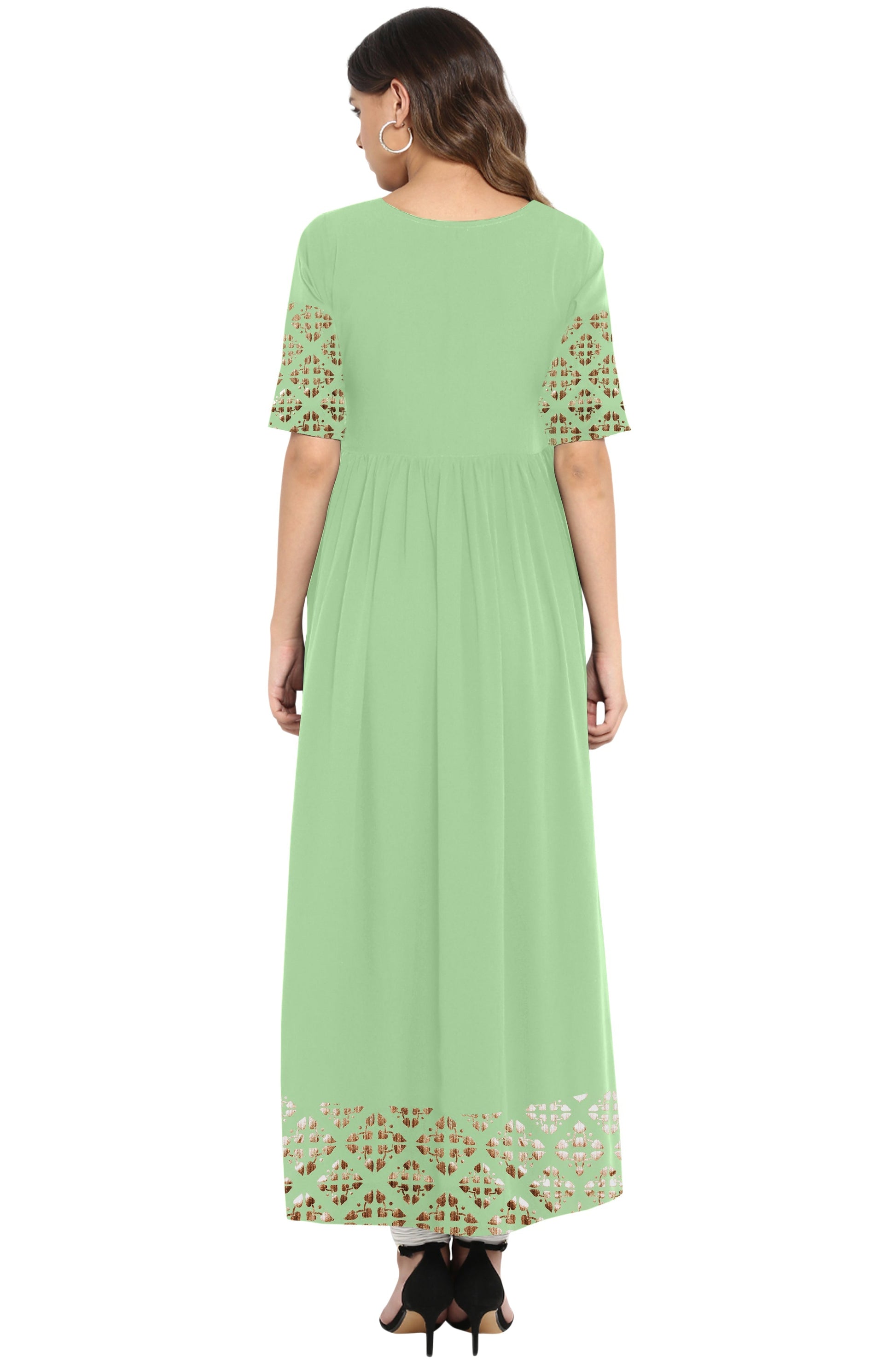 Janasya Light Green Poly Crepe Gold Print Flared kurta 