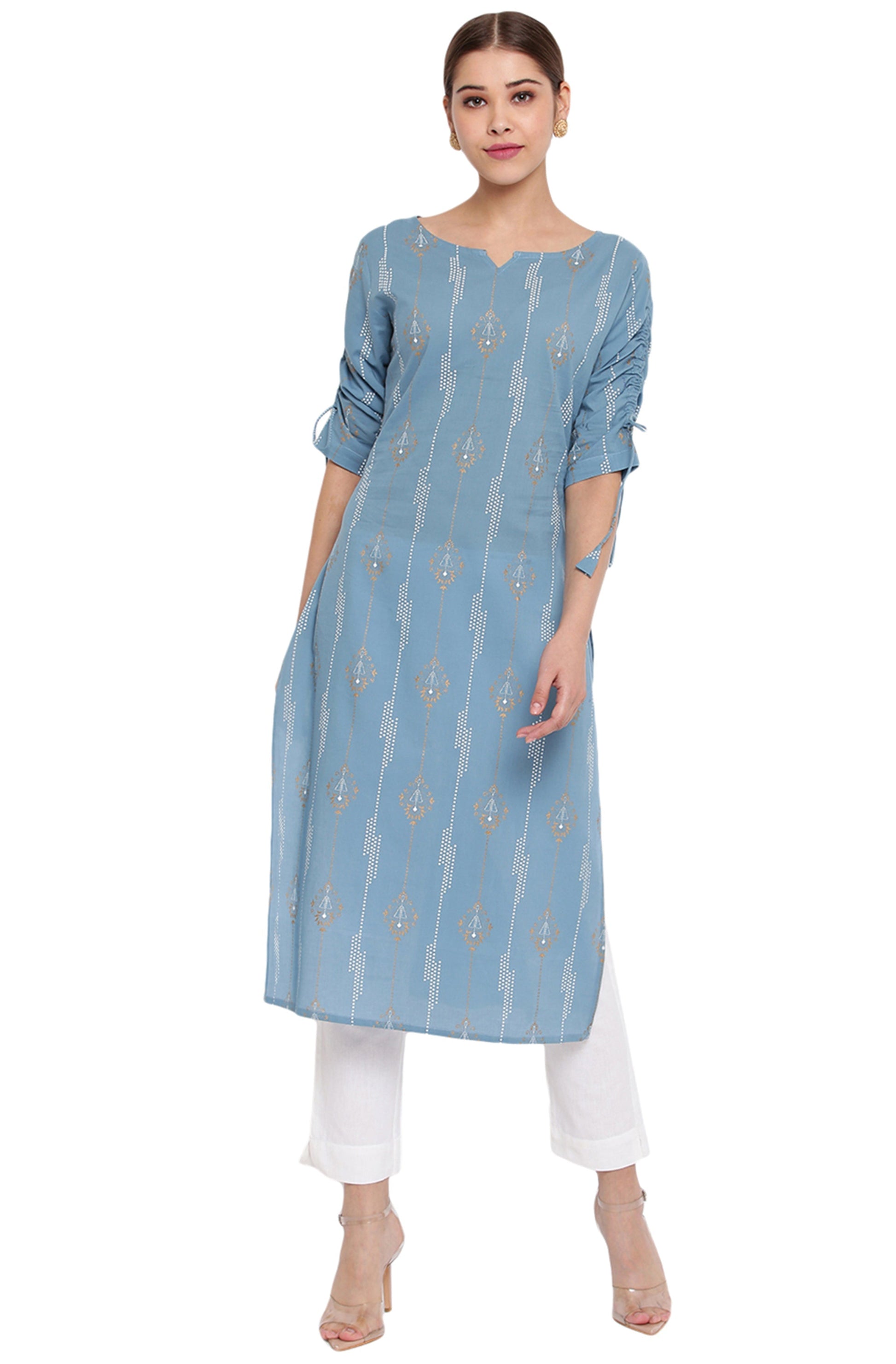 Janasya Turquoise Blue Cotton Ethnic Motifs Straight kurta 