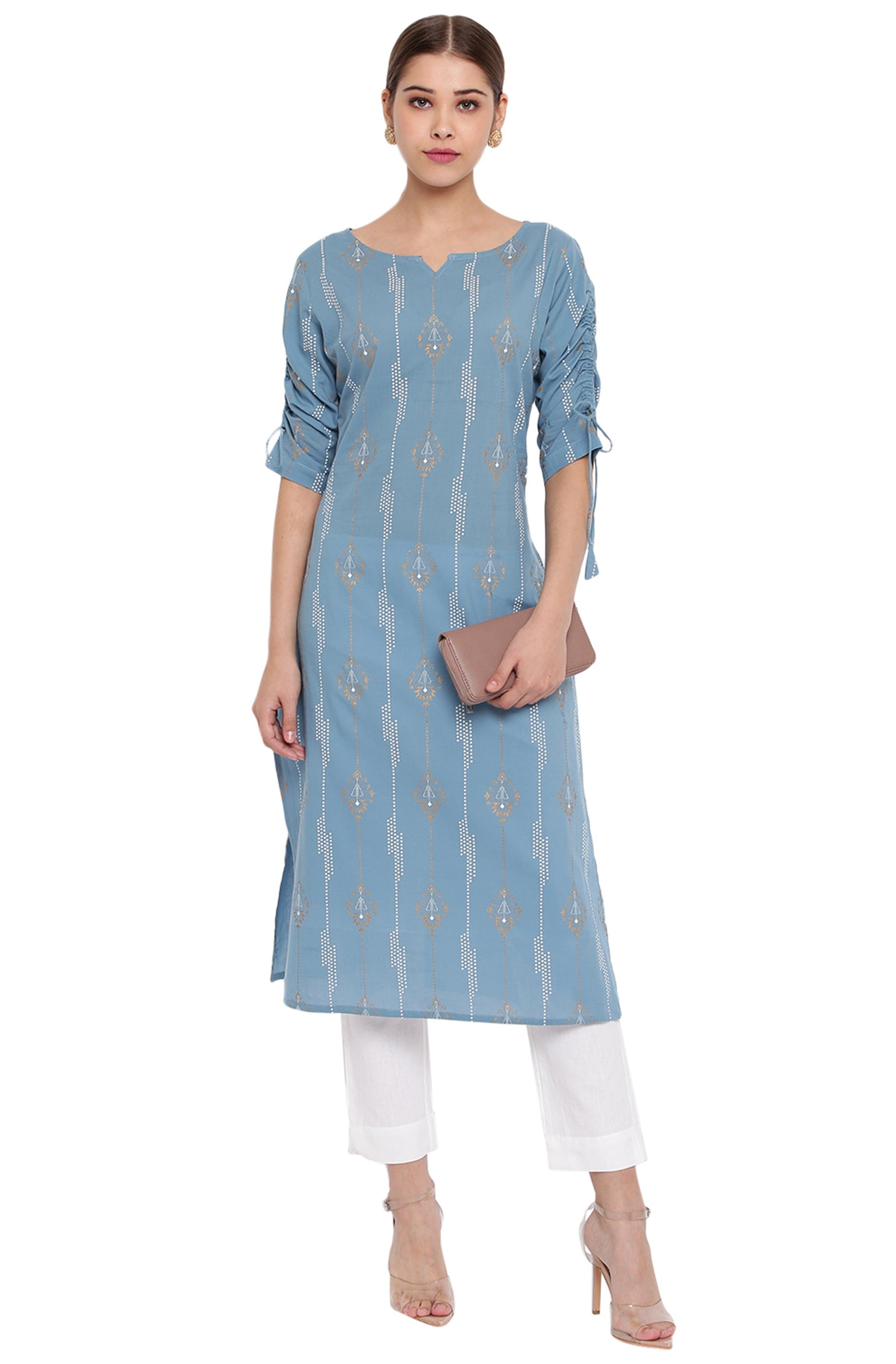 Janasya Turquoise Blue Cotton Ethnic Motifs Straight kurta 