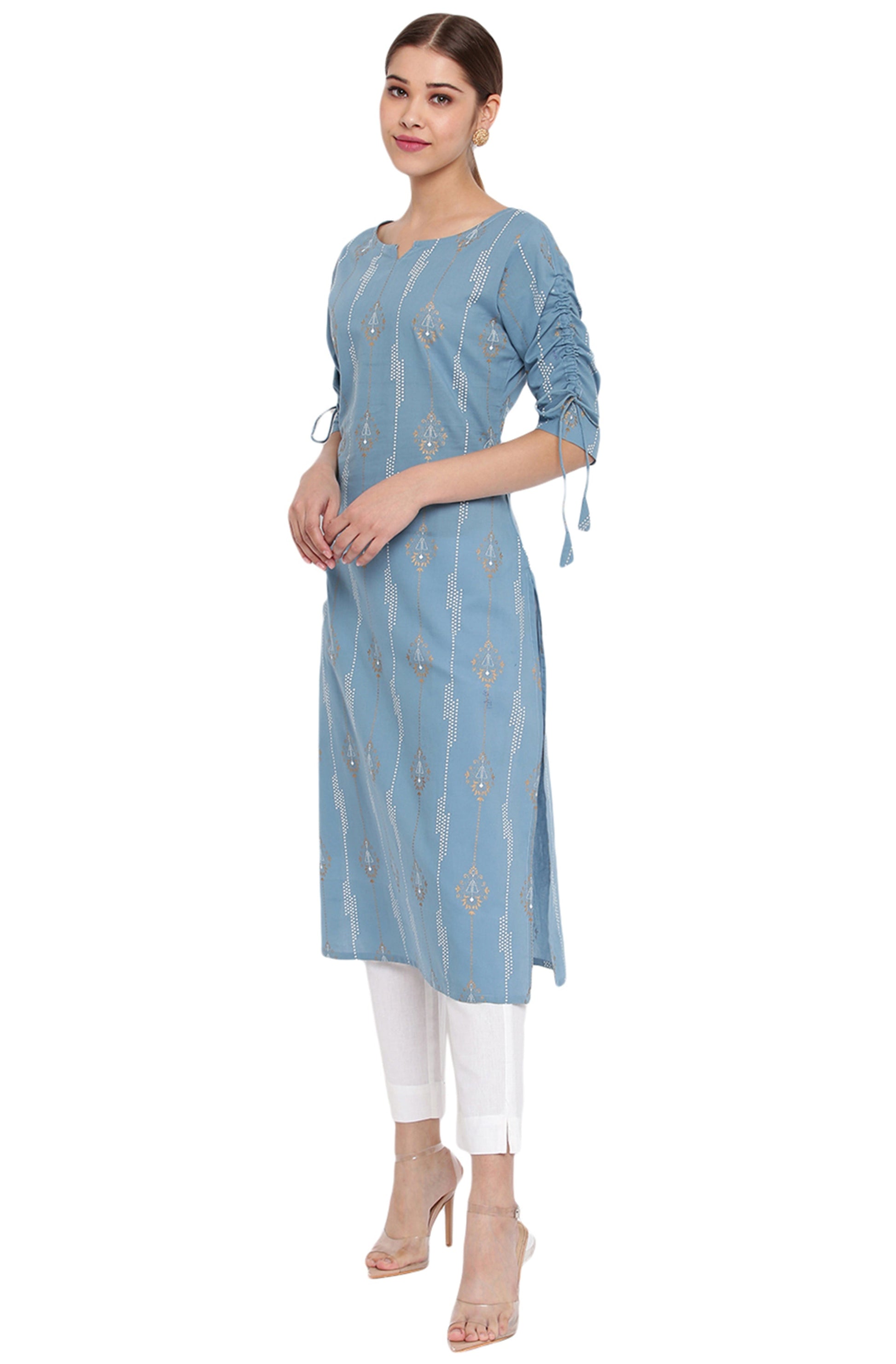 Janasya Turquoise Blue Cotton Ethnic Motifs Straight kurta 