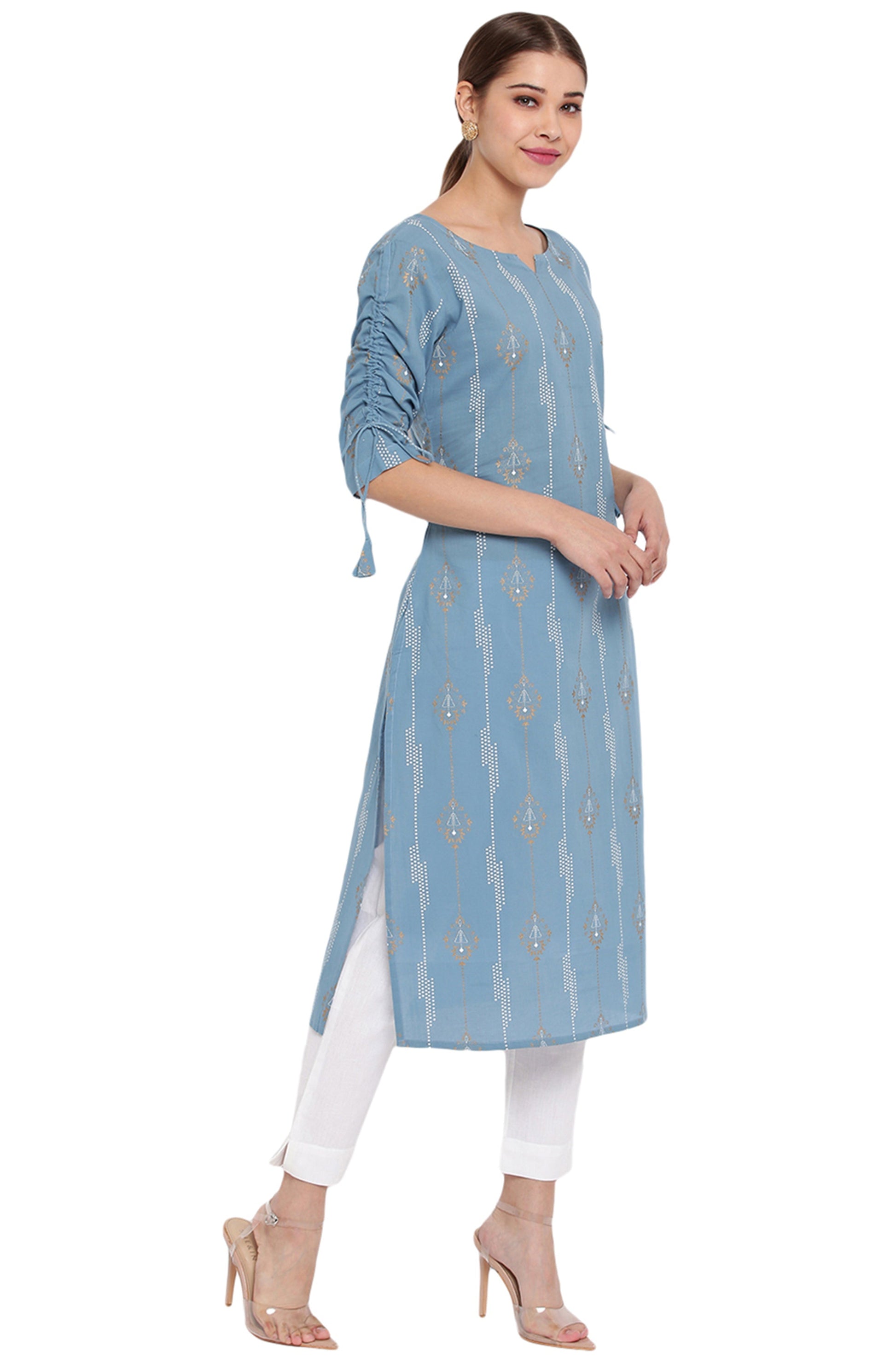 Janasya Turquoise Blue Cotton Ethnic Motifs Straight kurta 
