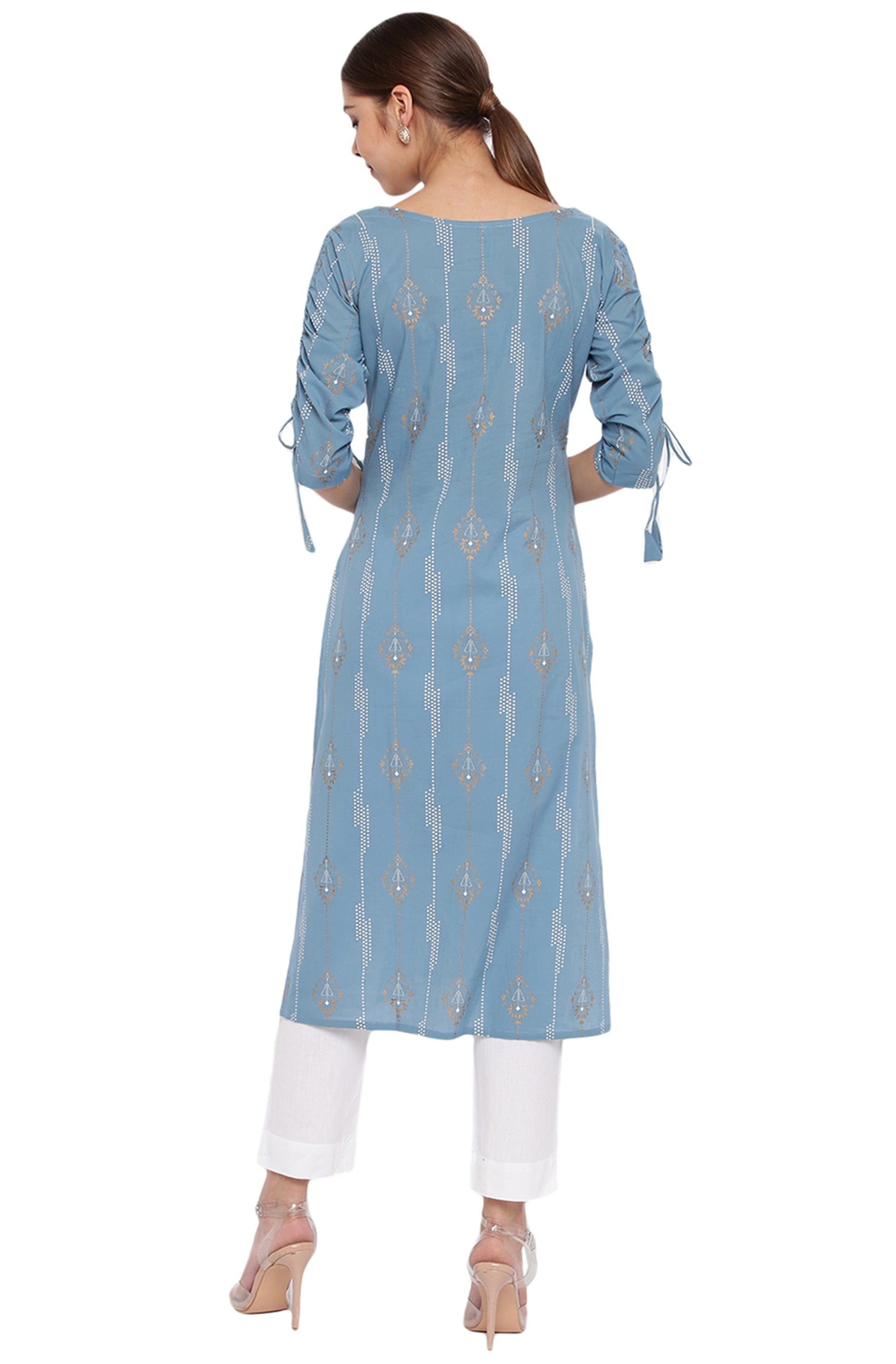 Janasya Turquoise Blue Cotton Ethnic Motifs Straight kurta 