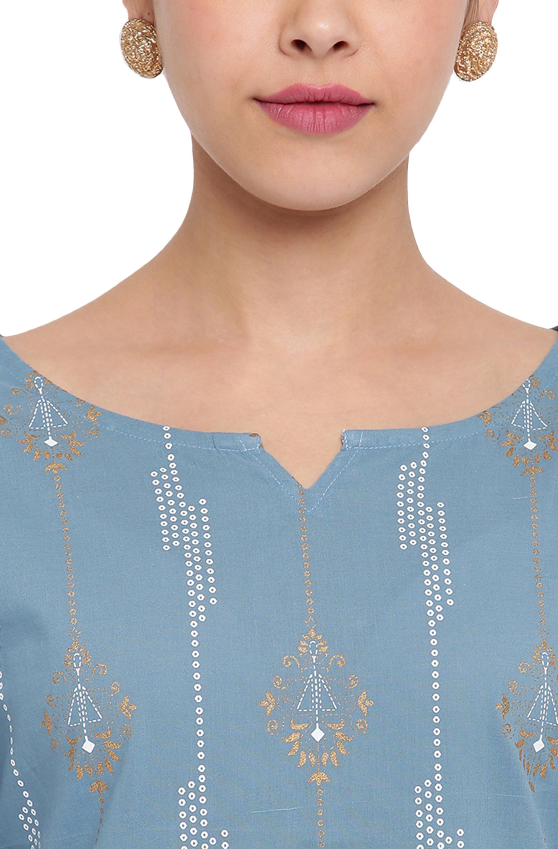 Janasya Turquoise Blue Cotton Ethnic Motifs Straight kurta 