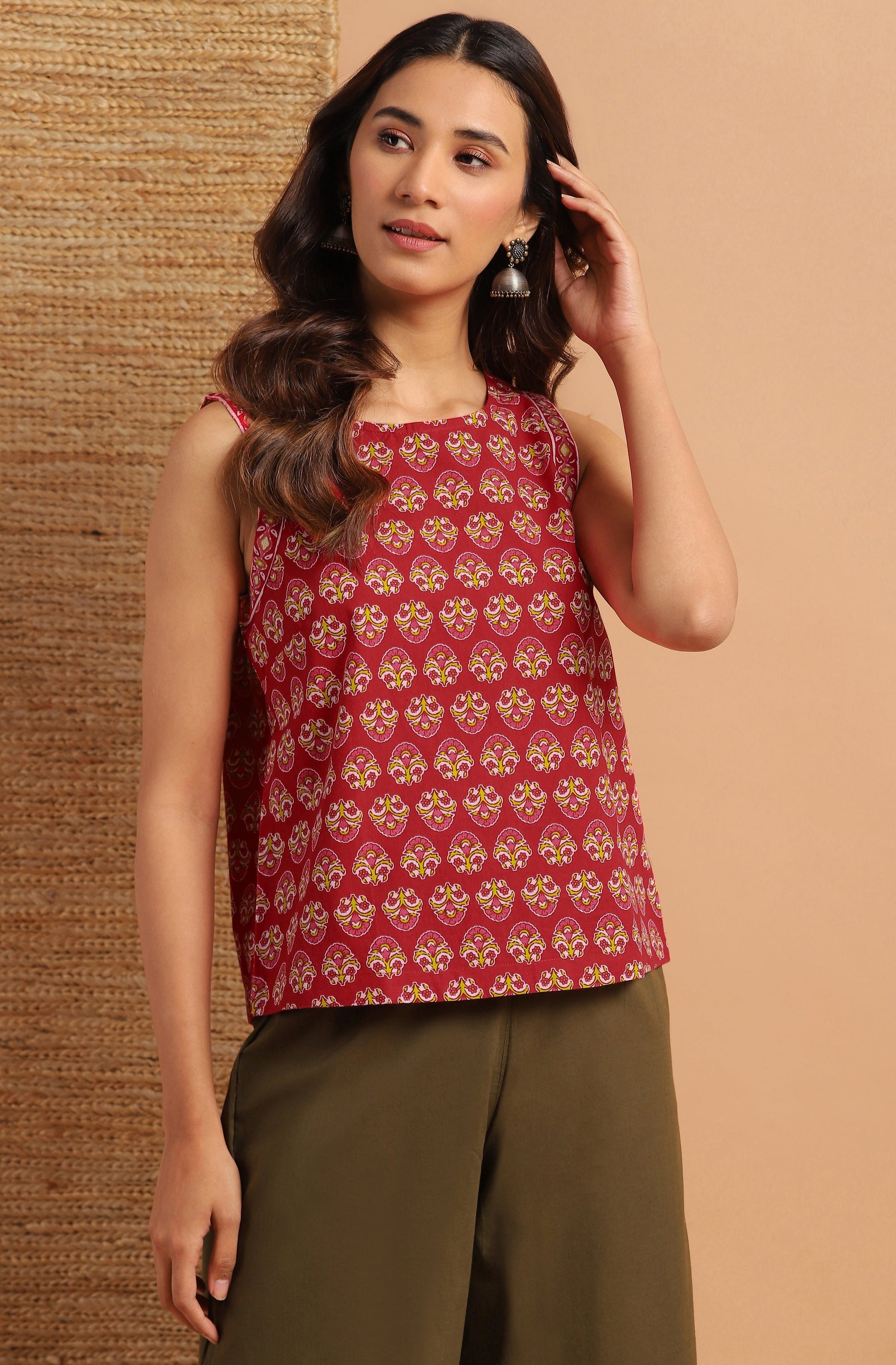 Janasya Women's Red Cotton Floral Print Regular Top 