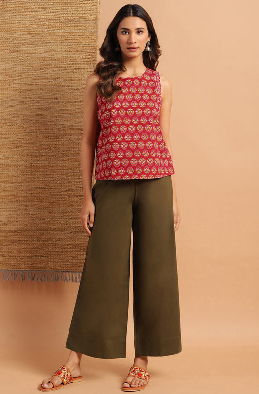 Janasya Women's Red Cotton Floral Print Regular Top 