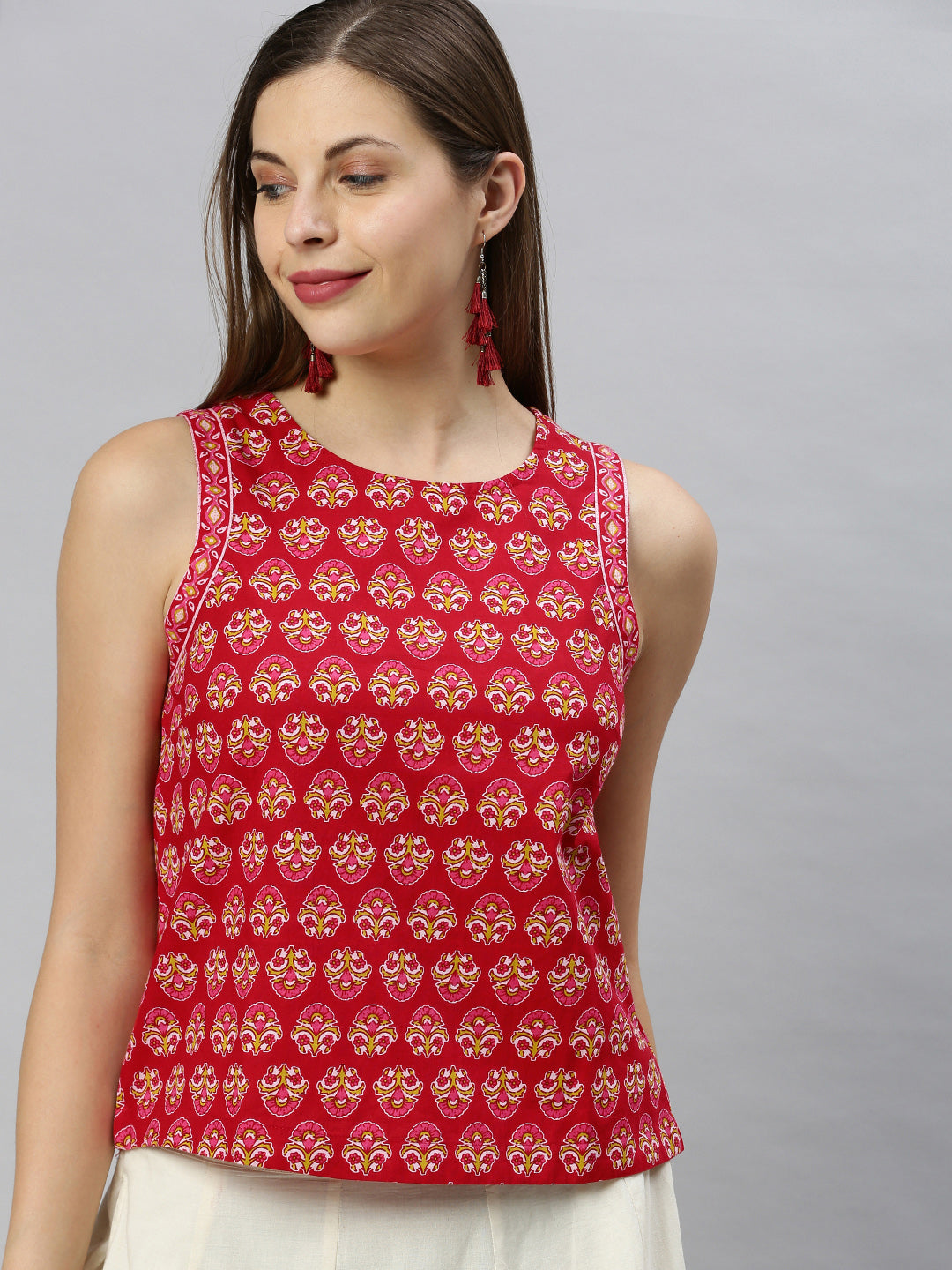 Janasya Women's Red Cotton Floral Print Regular Top 