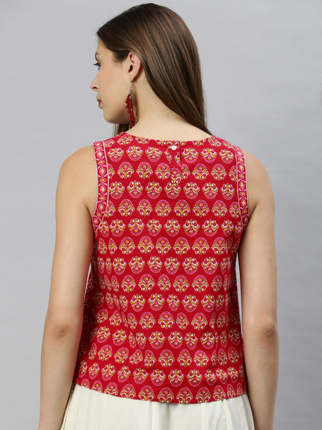 Janasya Women's Red Cotton Floral Print Regular Top 