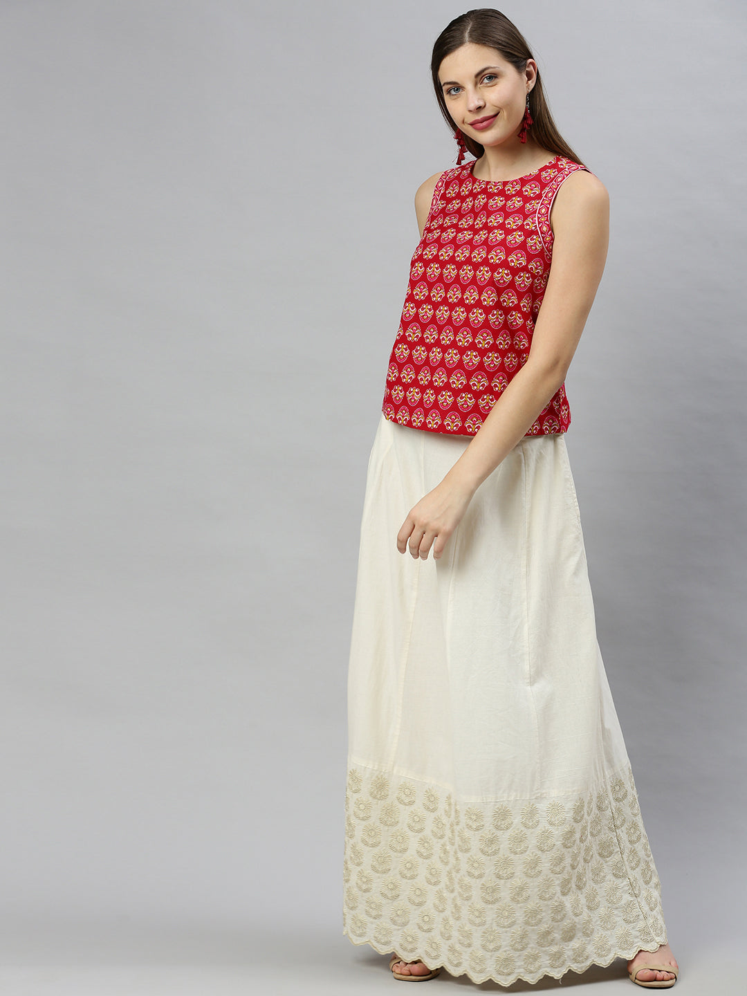 Janasya Women's Red Cotton Floral Print Regular Top 