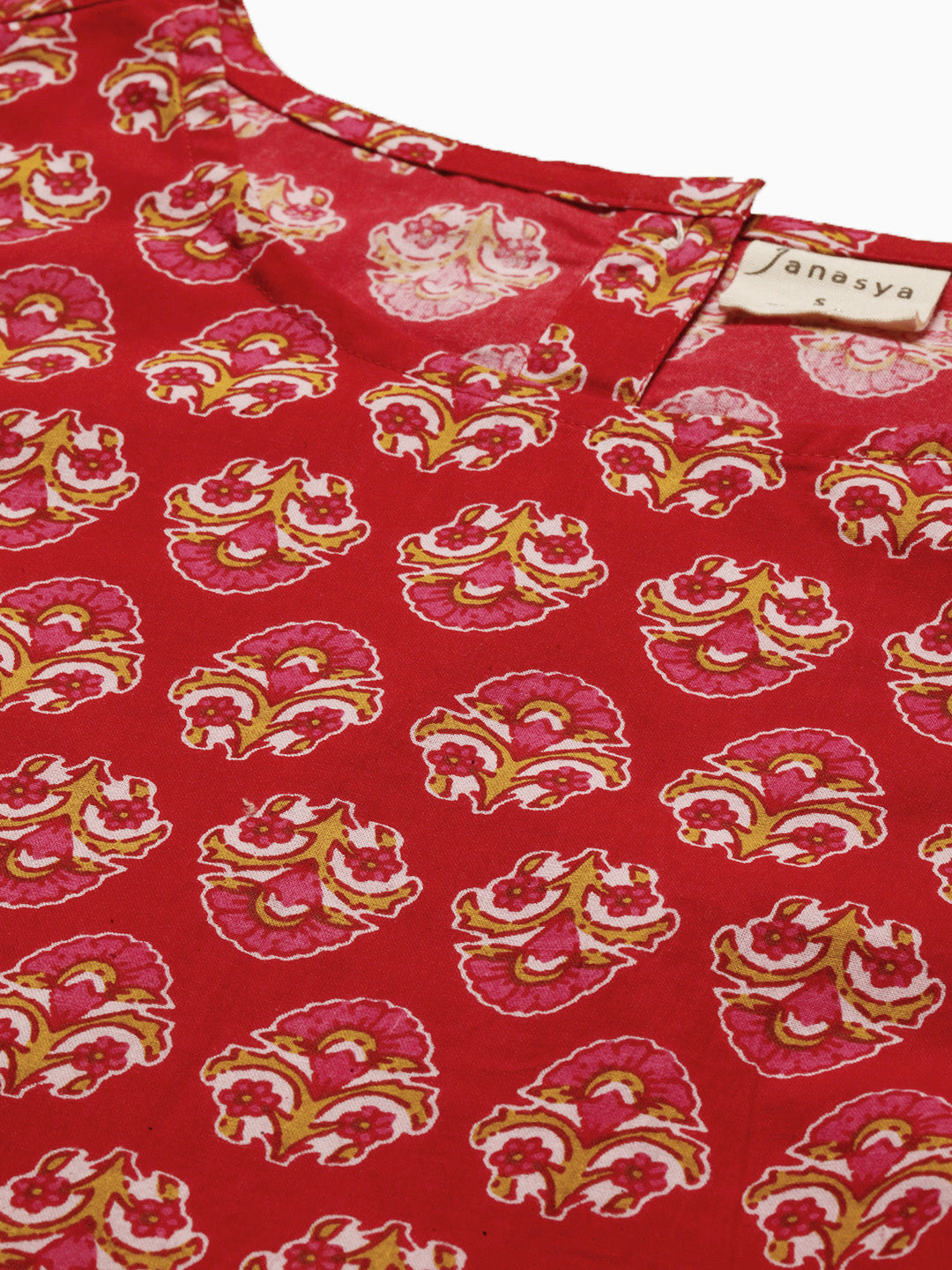 Janasya Women's Red Cotton Floral Print Regular Top 