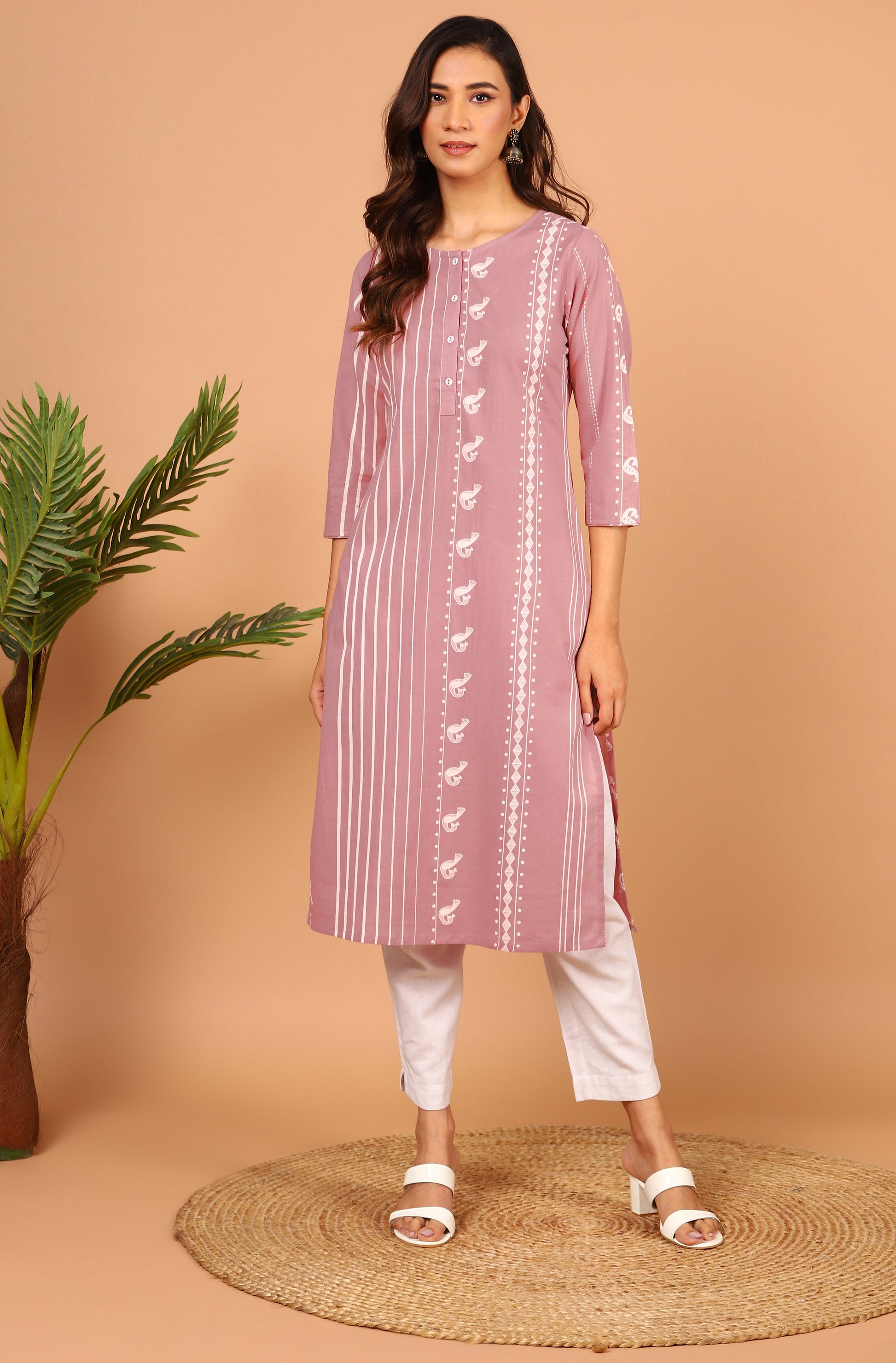 Janasya Pastel Pink Cotton Ethnic Motifs Straight kurta 