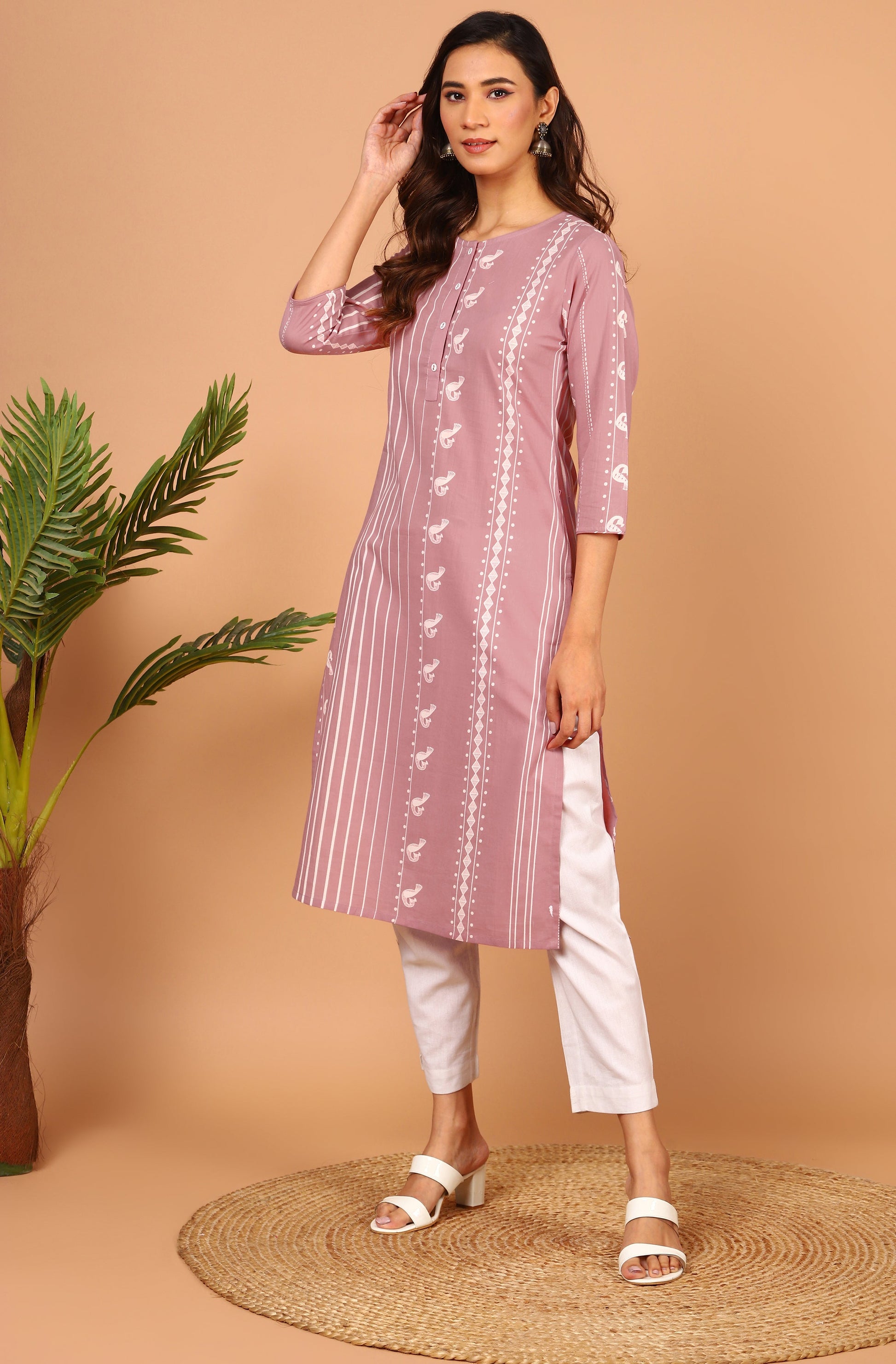 Janasya Pastel Pink Cotton Ethnic Motifs Straight kurta 