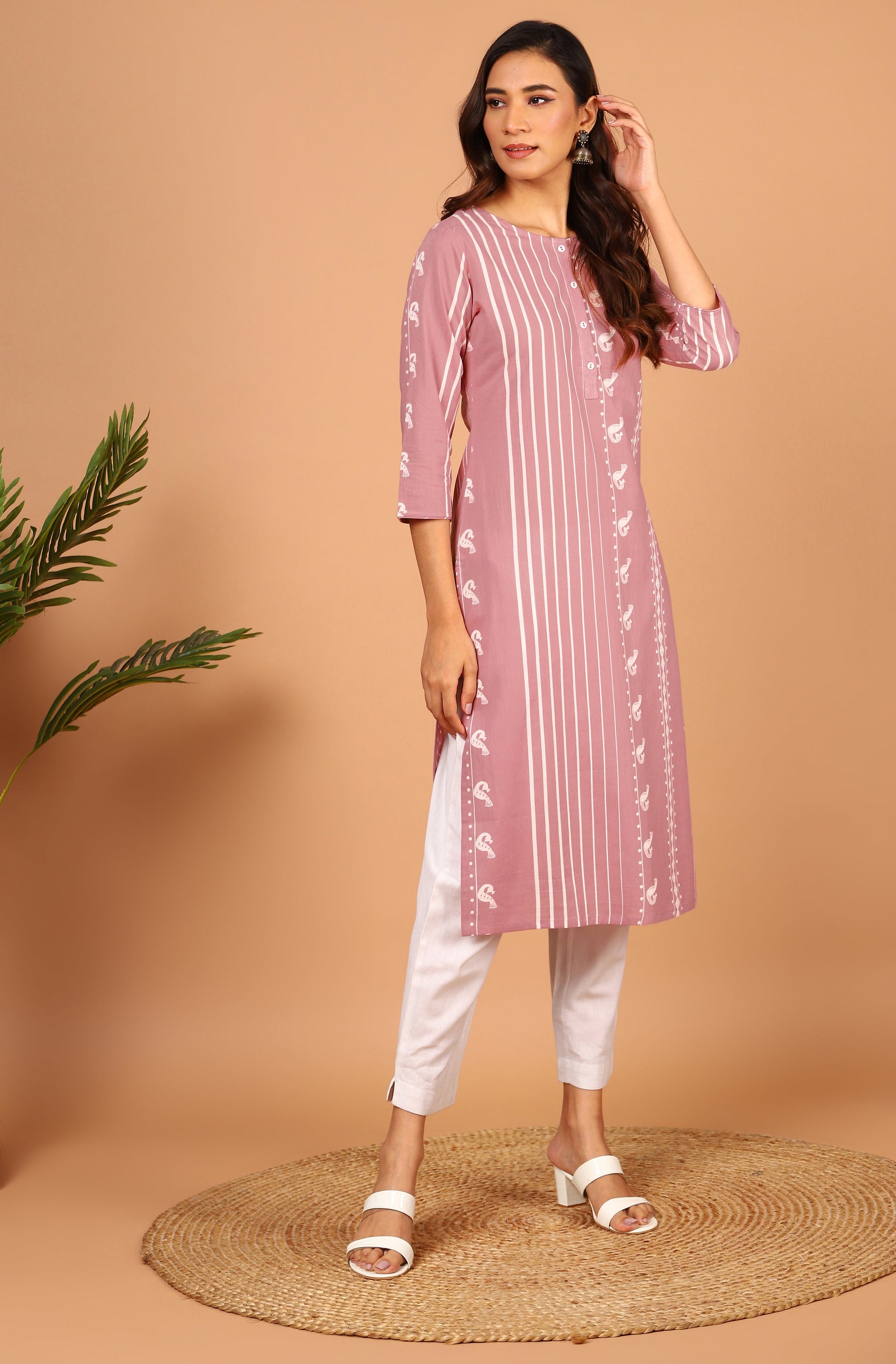 Janasya Pastel Pink Cotton Ethnic Motifs Straight kurta 