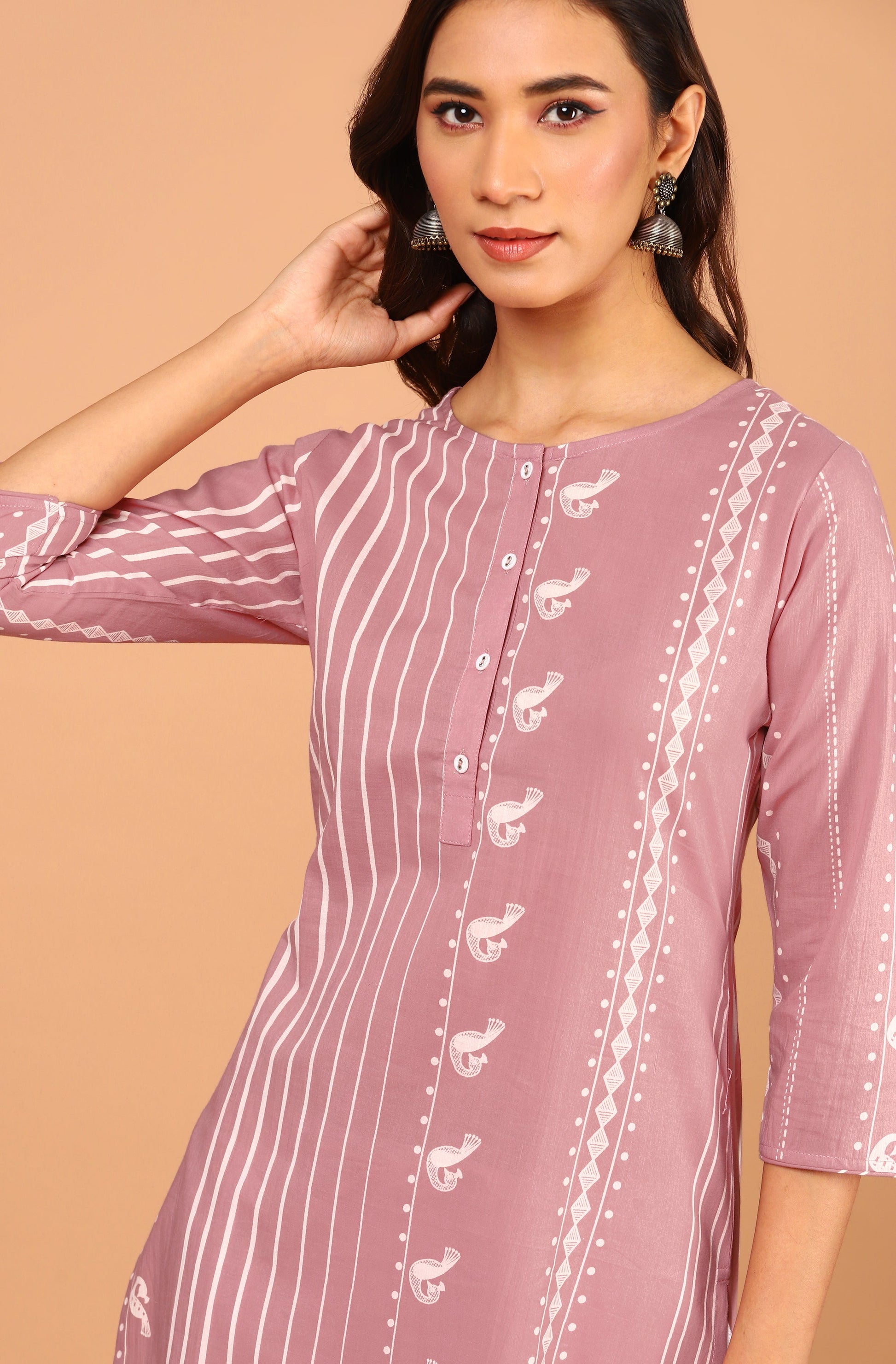 Janasya Pastel Pink Cotton Ethnic Motifs Straight kurta 