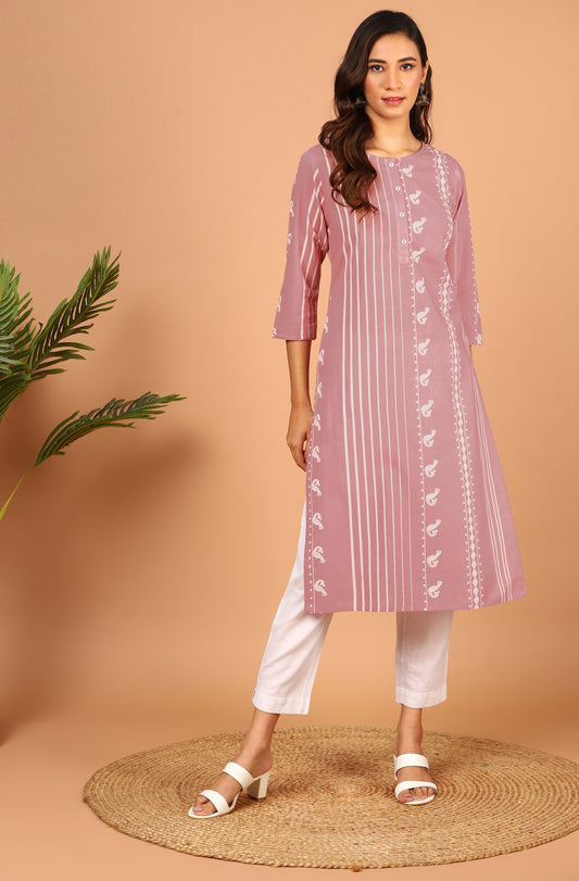 Janasya Pastel Pink Cotton Ethnic Motifs Straight kurta 