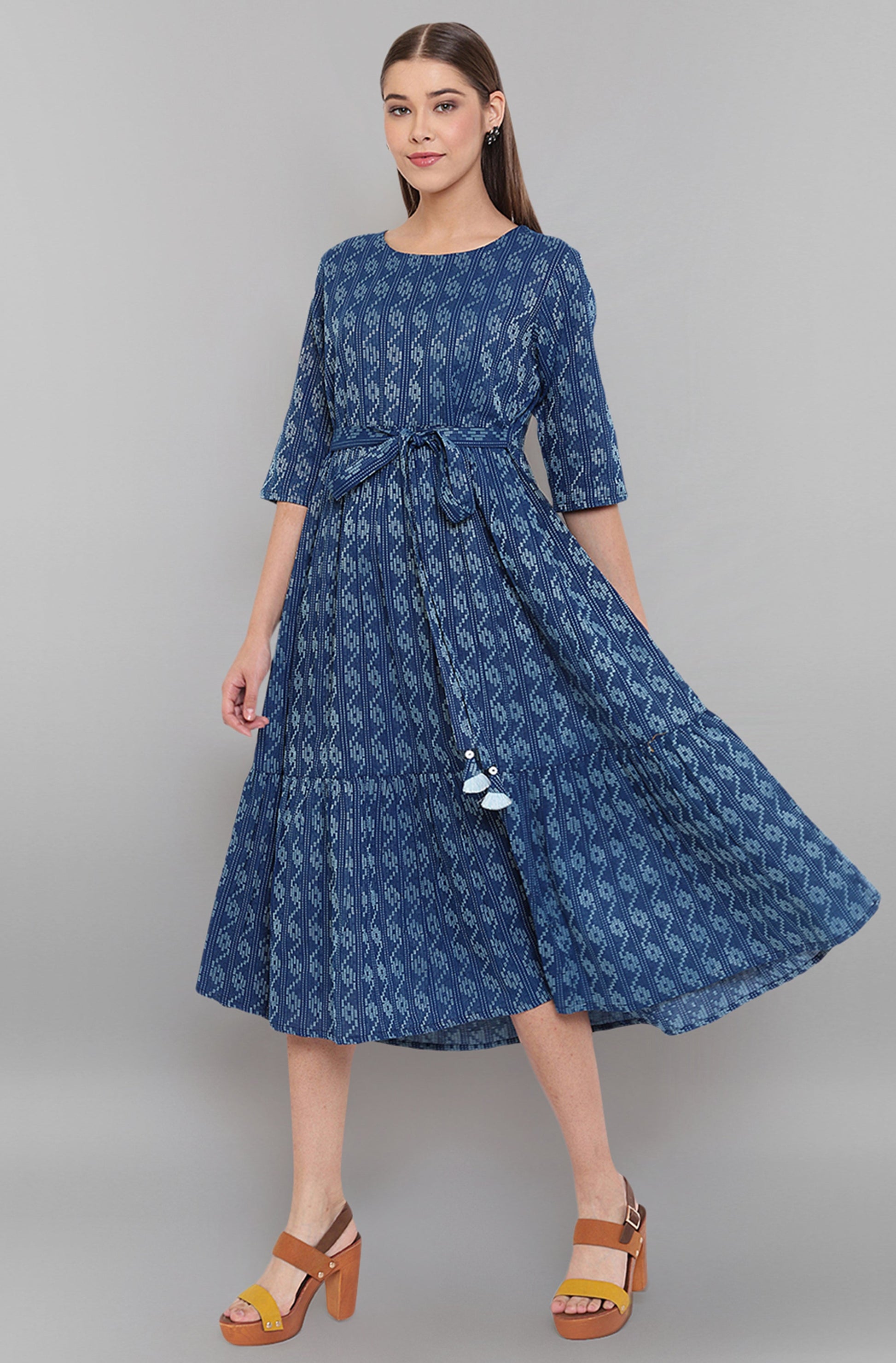 Janasya Blue Cotton Woven Design Flared Casual Dress 