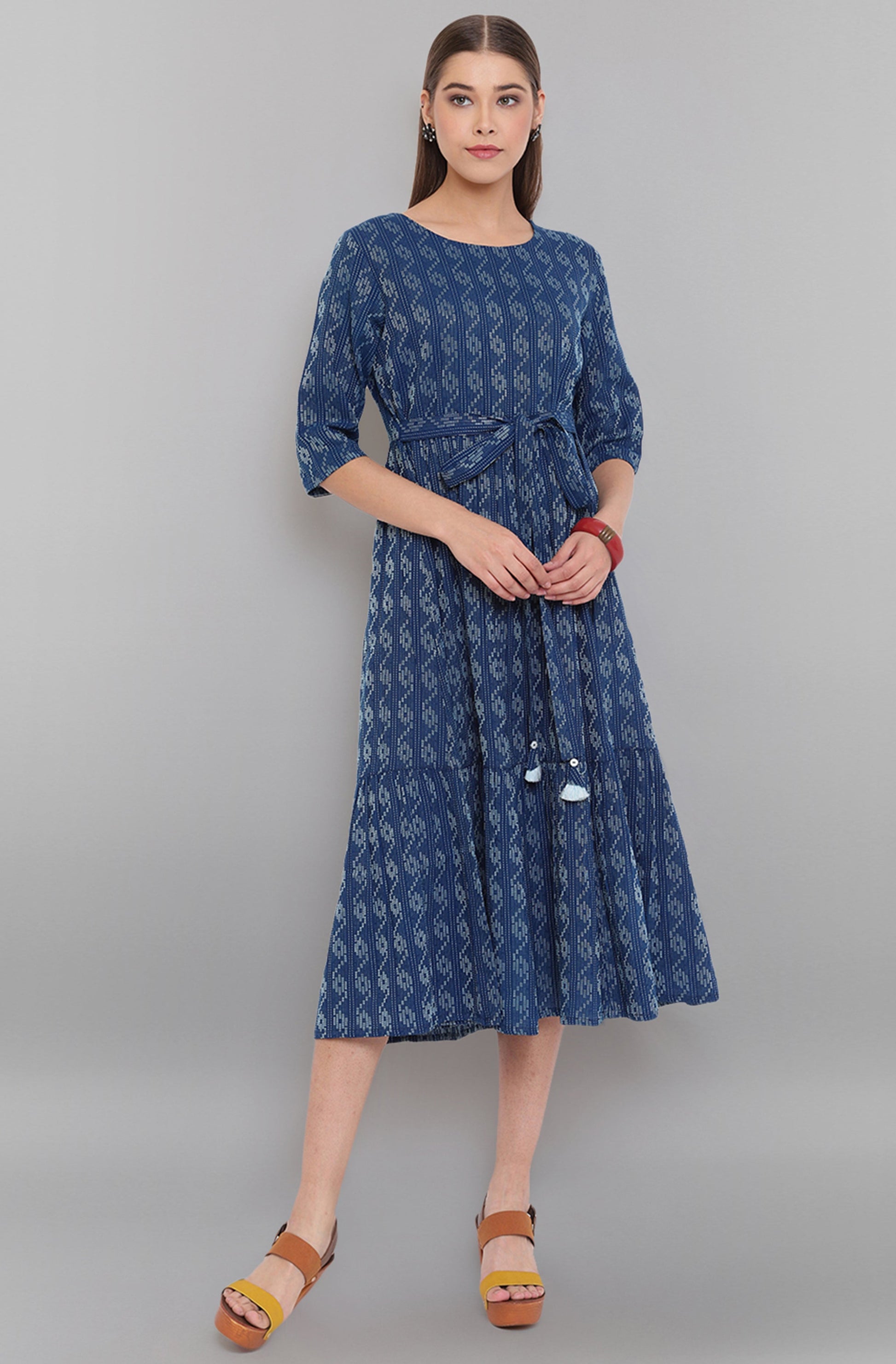 Janasya Blue Cotton Woven Design Flared Casual Dress 