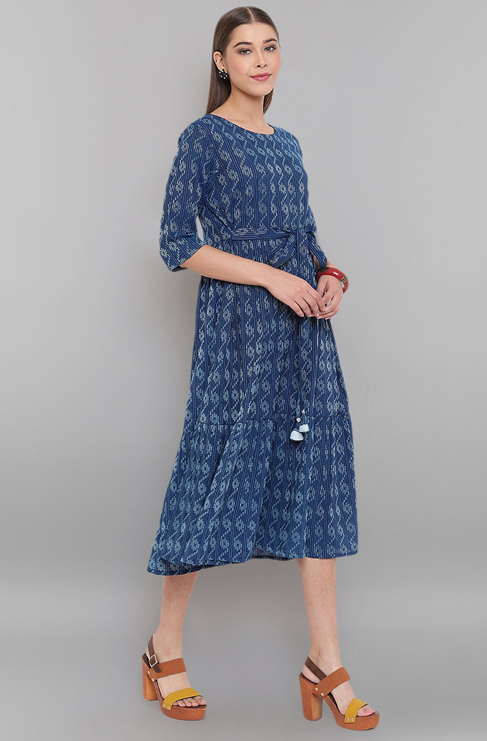 Janasya Blue Cotton Woven Design Flared Casual Dress 