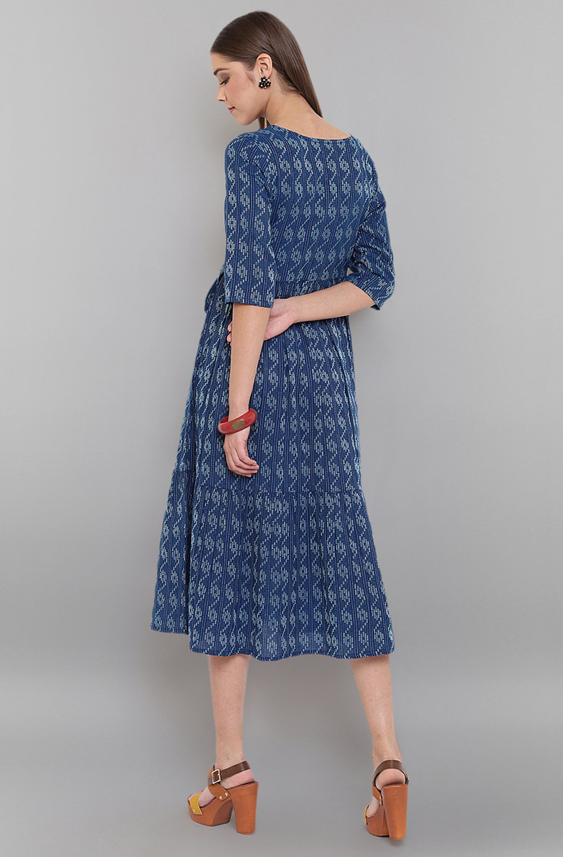 Janasya Blue Cotton Woven Design Flared Casual Dress 