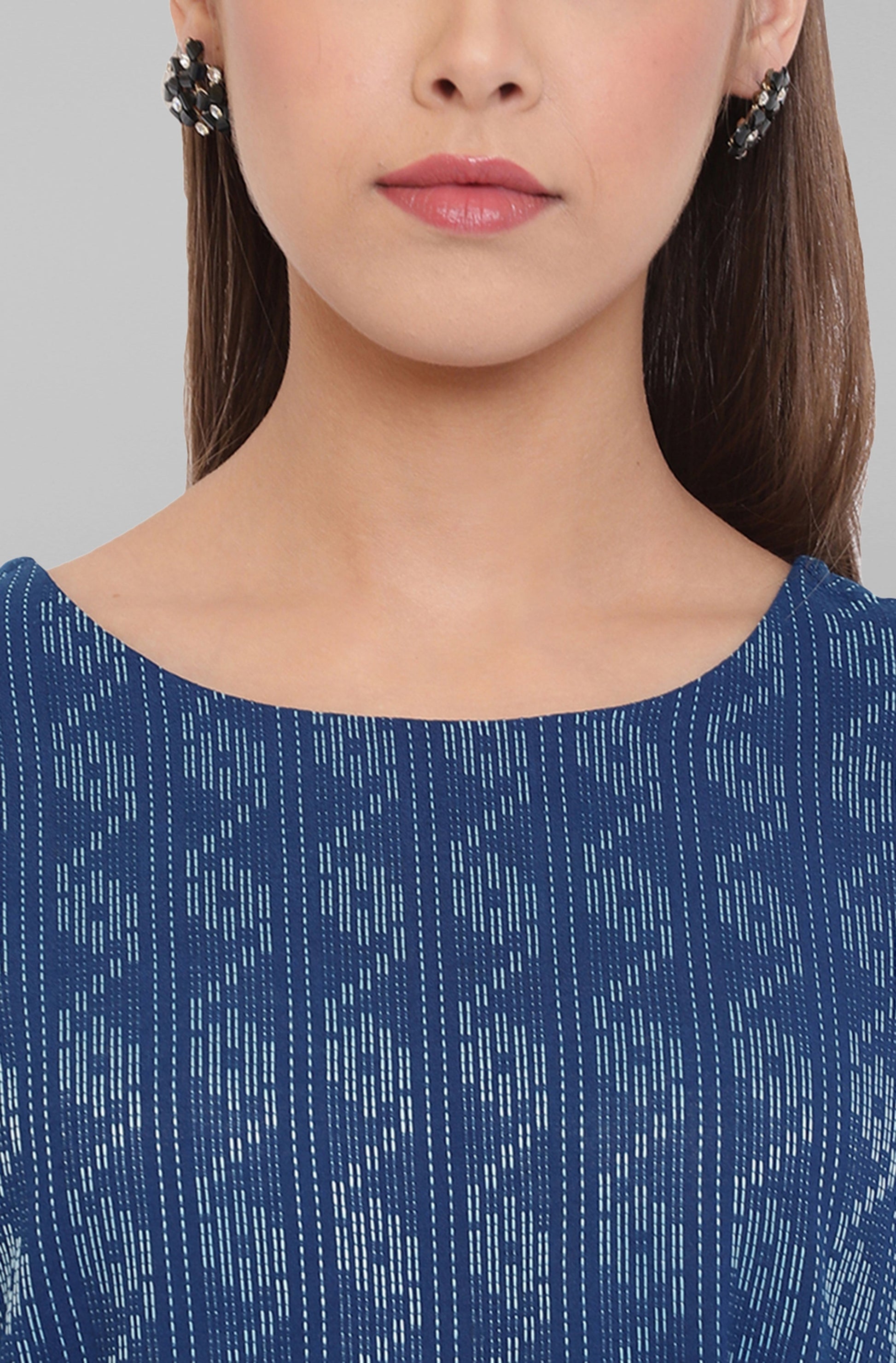 Janasya Blue Cotton Woven Design Flared Casual Dress 