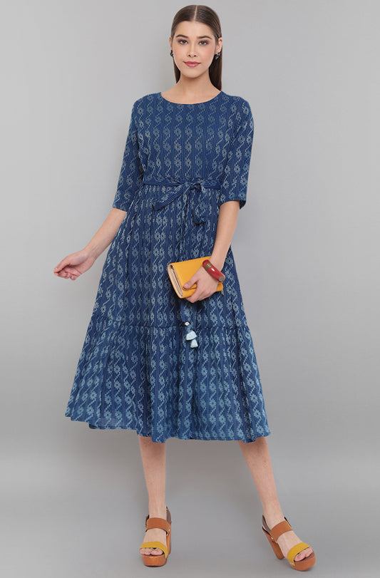 Janasya Blue Cotton Woven Design Flared Casual Dress 