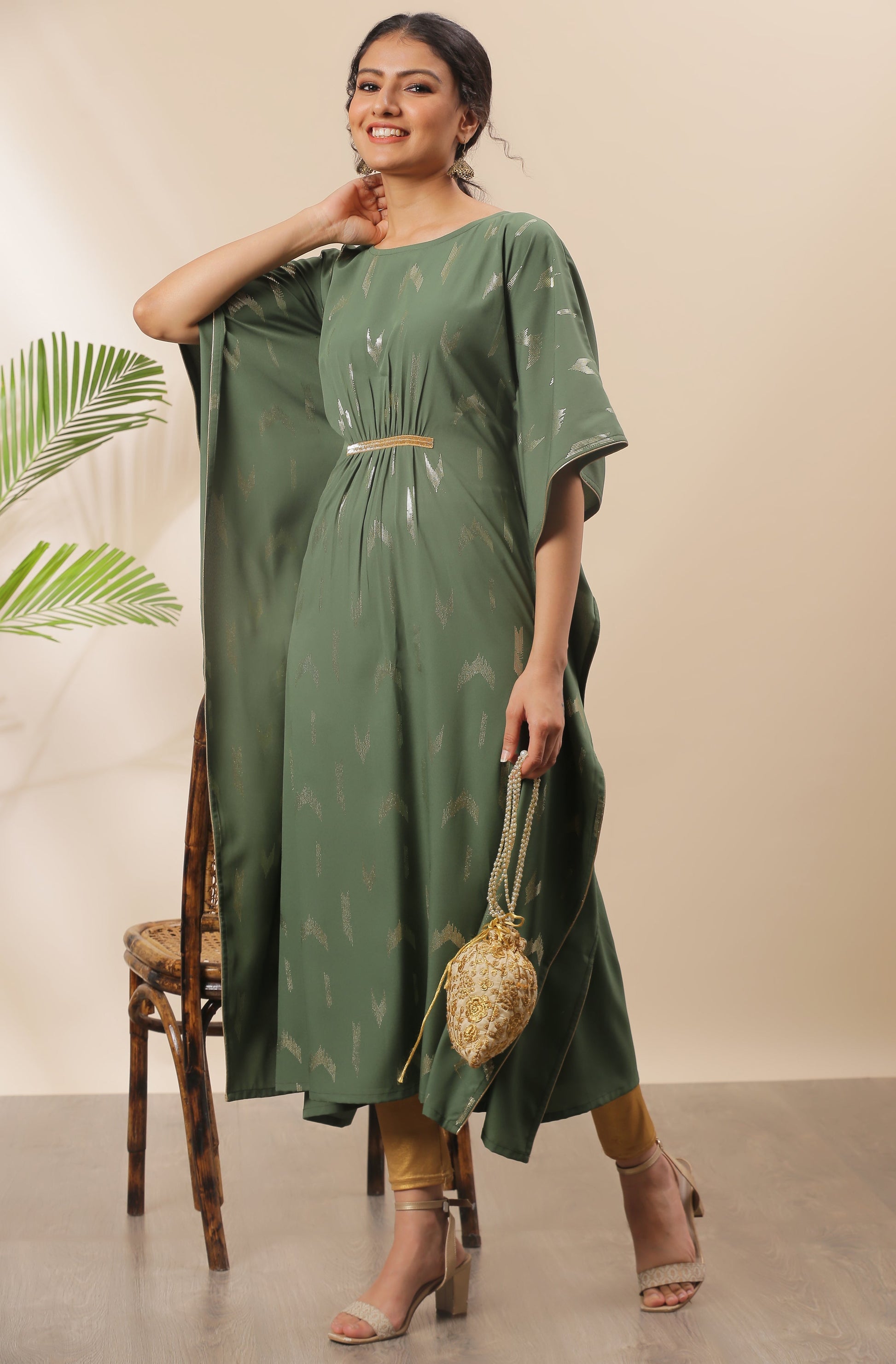 Janasya Green Poly Crepe Geometric Print Kaftan kurta 
