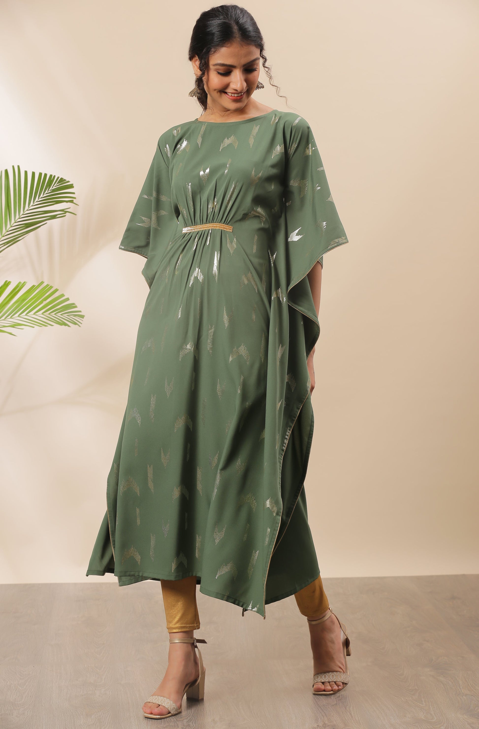 Janasya Green Poly Crepe Geometric Print Kaftan kurta 