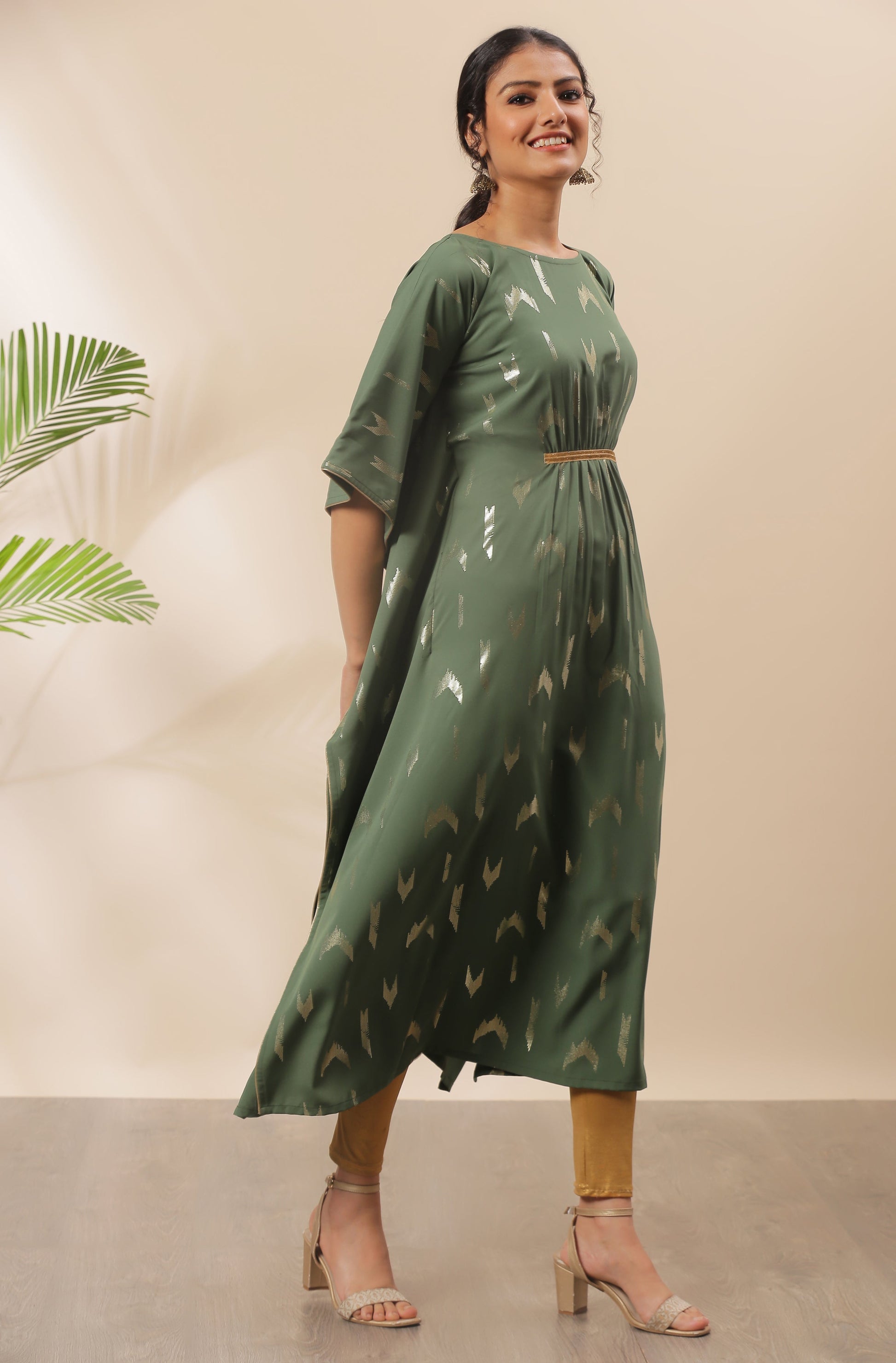 Janasya Green Poly Crepe Geometric Print Kaftan kurta 
