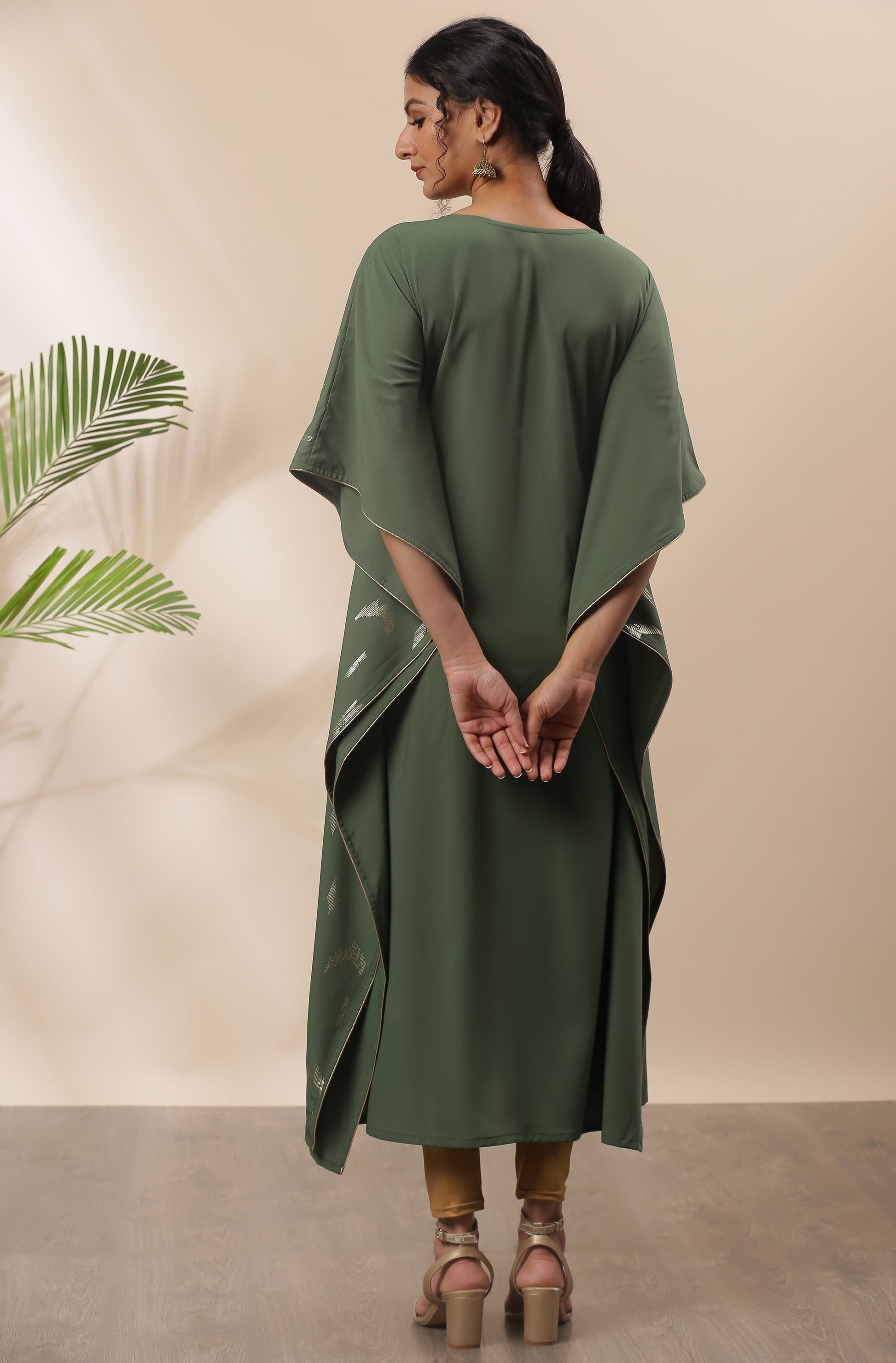 Janasya Green Poly Crepe Geometric Print Kaftan kurta 