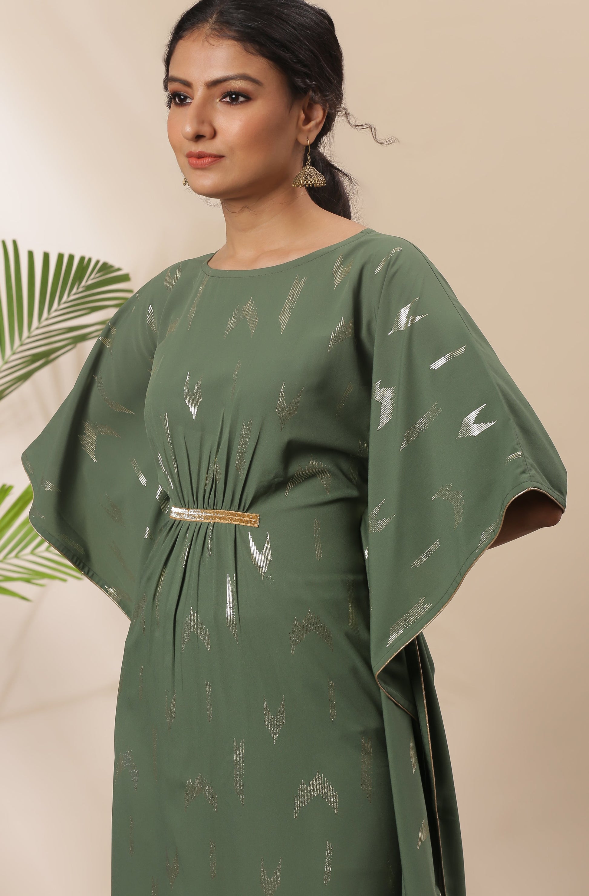 Janasya Green Poly Crepe Geometric Print Kaftan kurta 