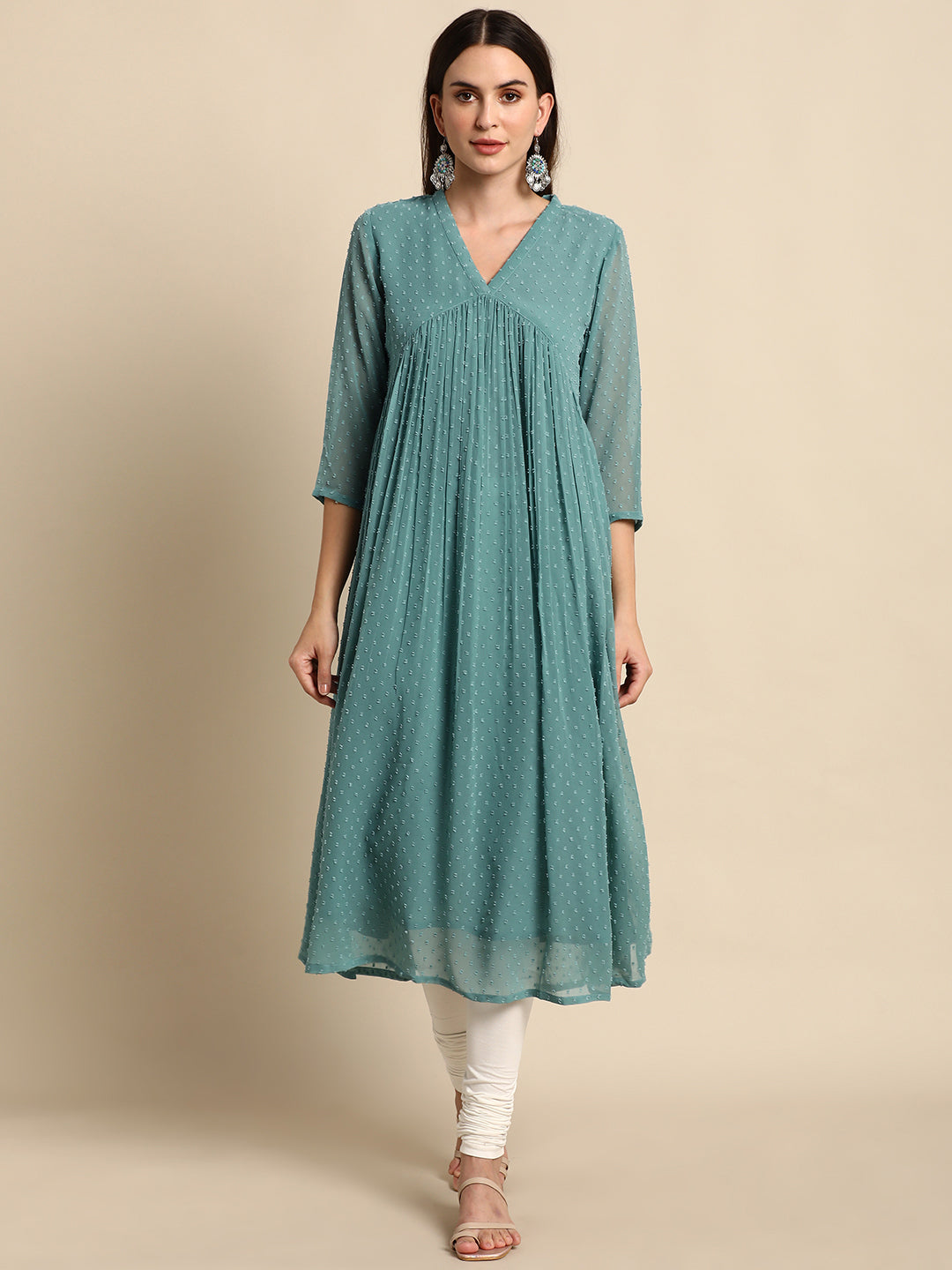 Janasya Women's Green Poly Chiffon Self Design Flared Western Dress 