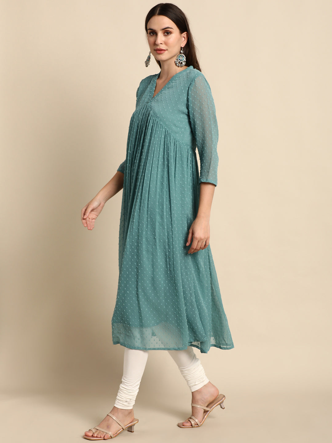 Janasya Women's Green Poly Chiffon Self Design Flared Western Dress 