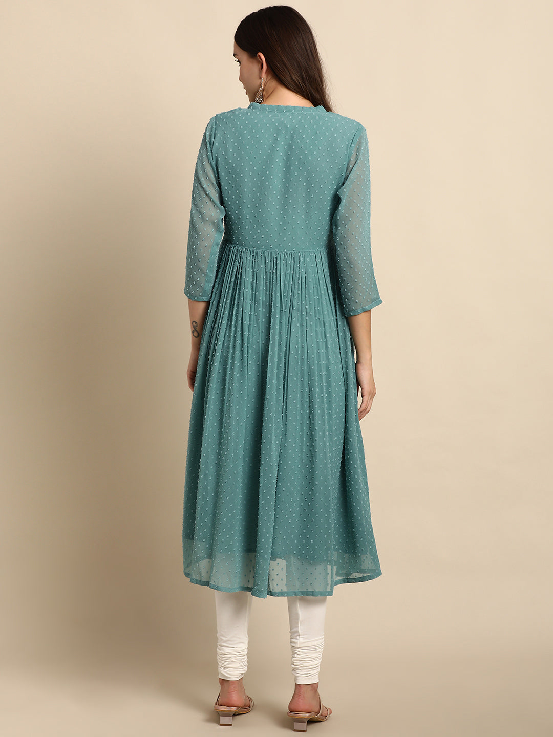 Janasya Women's Green Poly Chiffon Self Design Flared Western Dress 