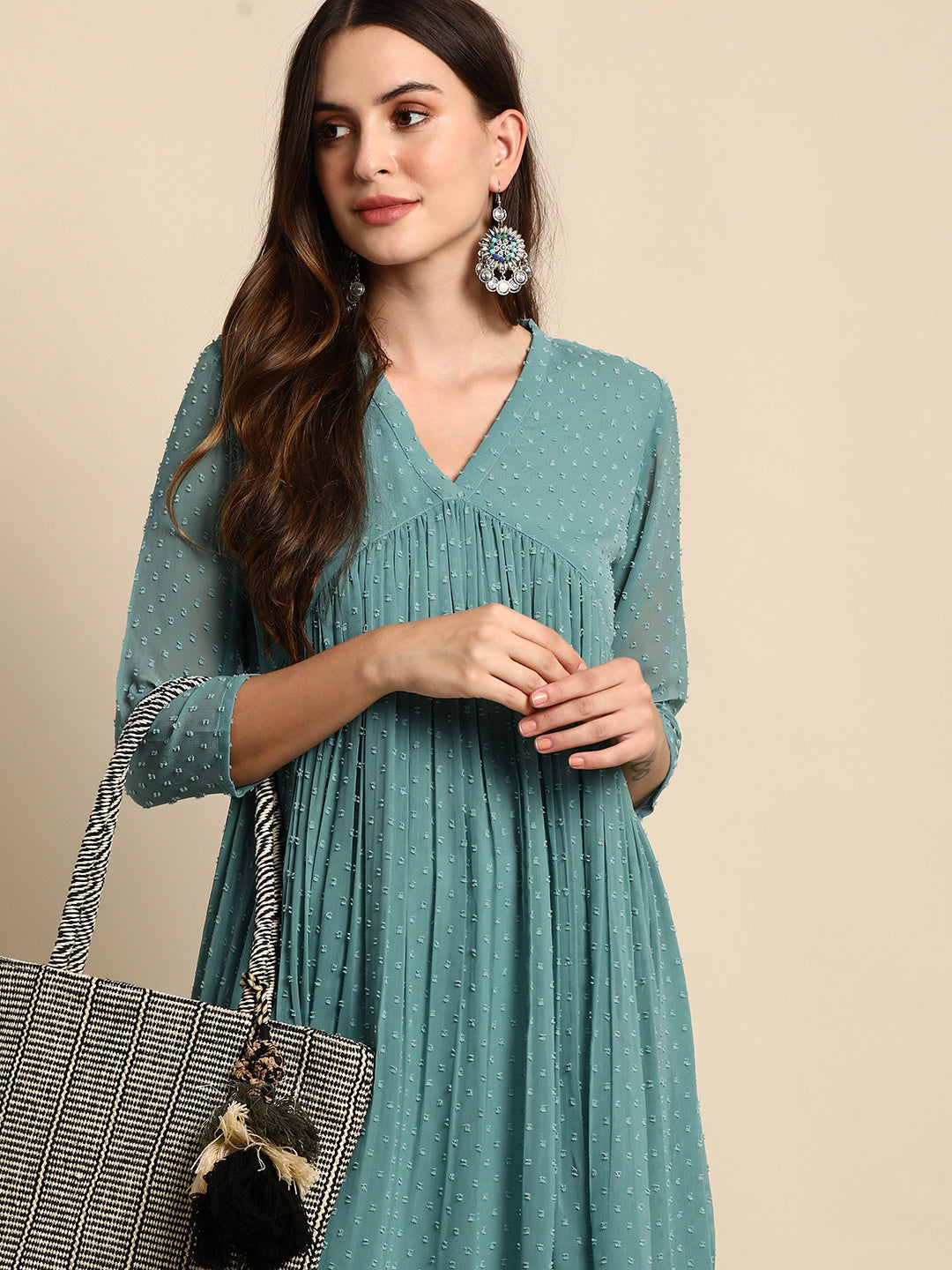 Janasya Women's Green Poly Chiffon Self Design Flared Western Dress 