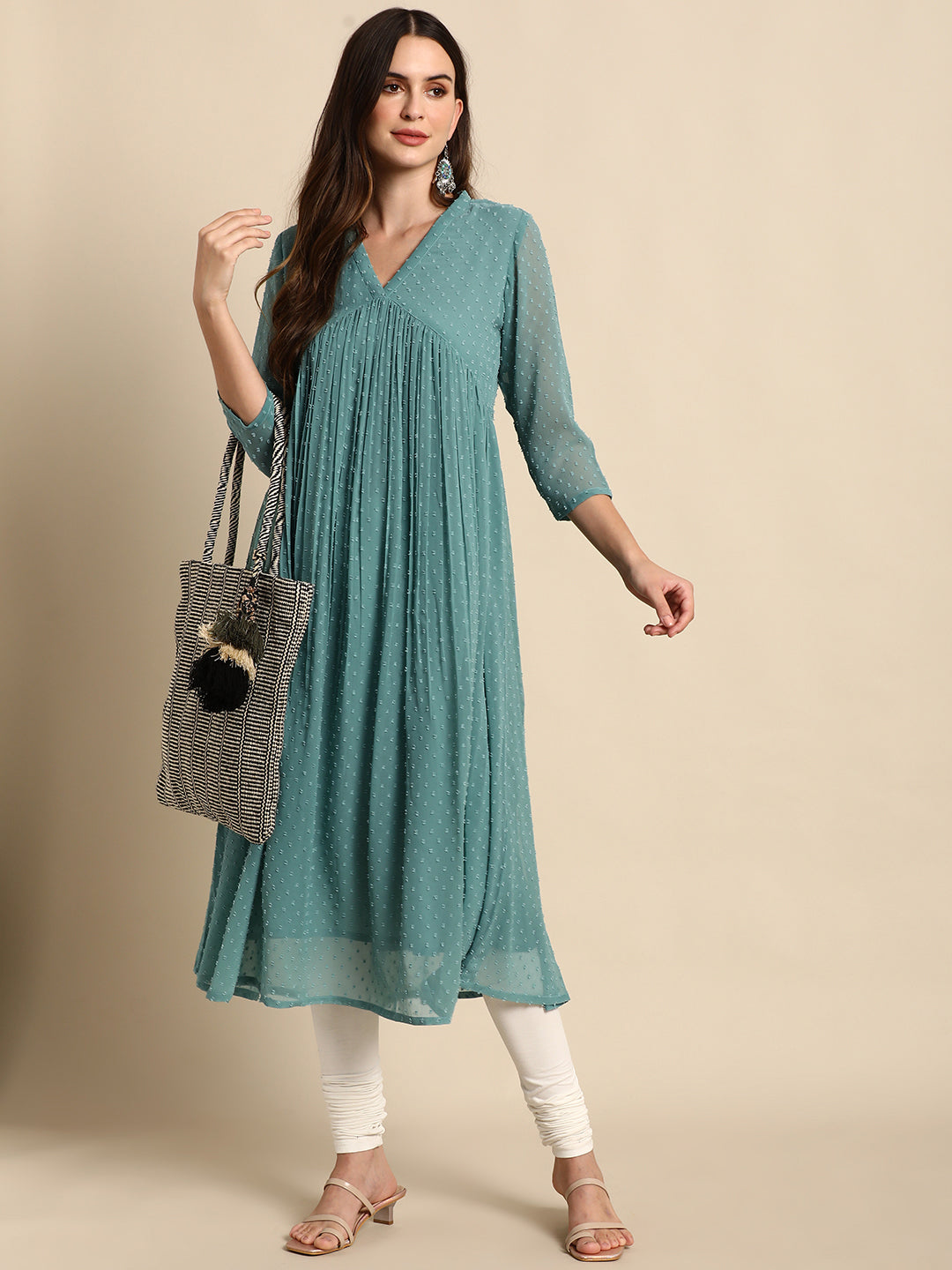 Janasya Women's Green Poly Chiffon Self Design Flared Western Dress 