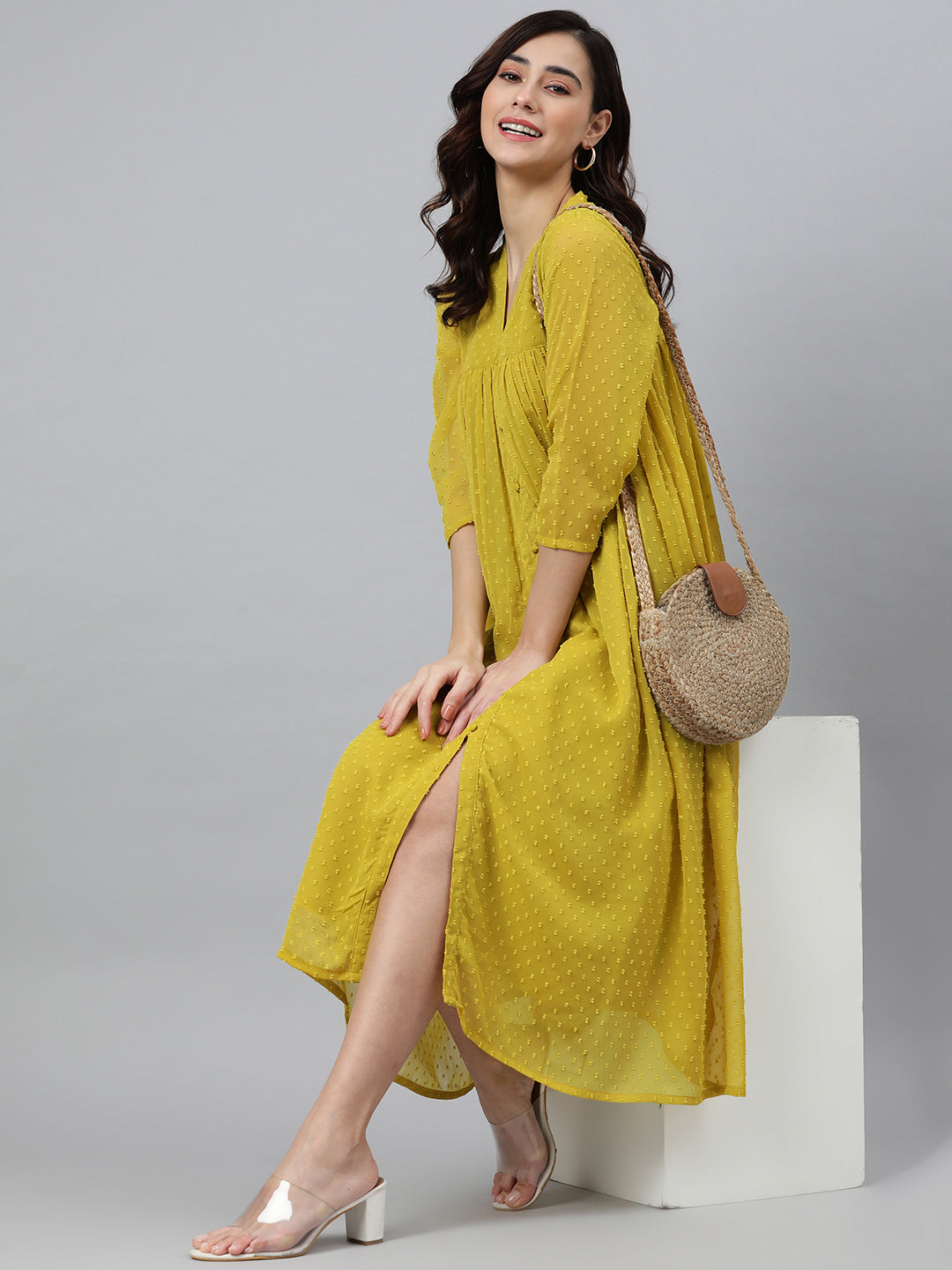 Janasya Women's Mustard Poly Chiffon Self Design Casual Frontslit kurta 