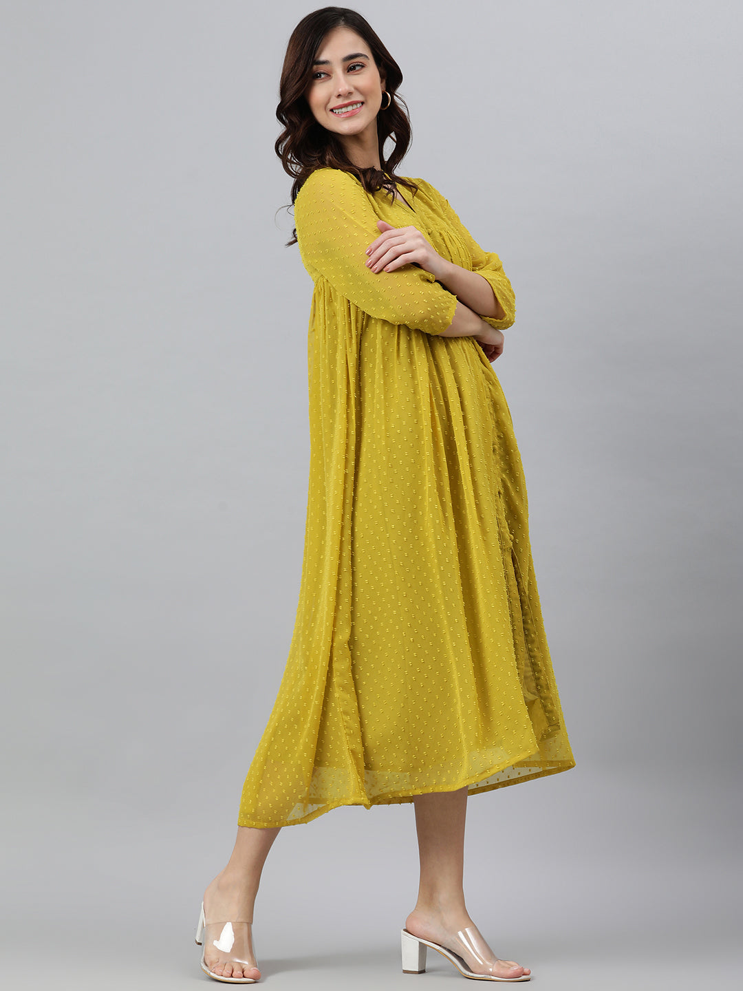Janasya Women's Mustard Poly Chiffon Self Design Casual Frontslit kurta 