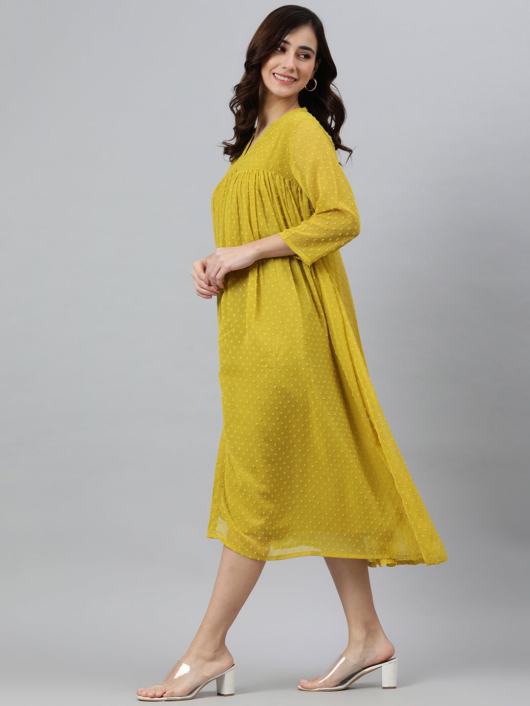 Janasya Women's Mustard Poly Chiffon Self Design Casual Frontslit kurta 