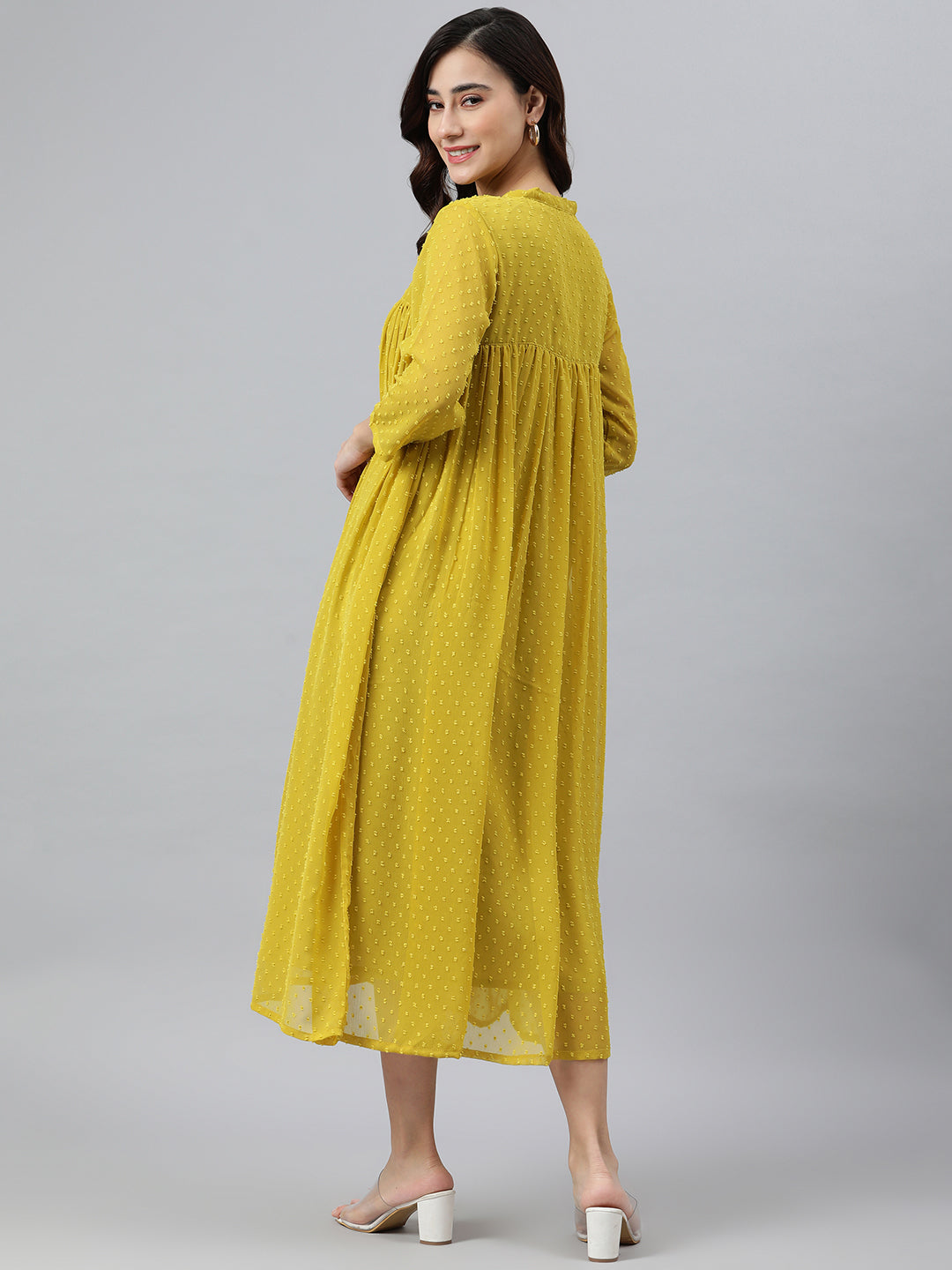 Janasya Women's Mustard Poly Chiffon Self Design Casual Frontslit kurta 