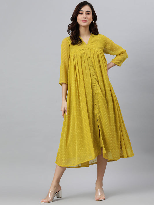 Janasya Women's Mustard Poly Chiffon Self Design Casual Frontslit kurta 