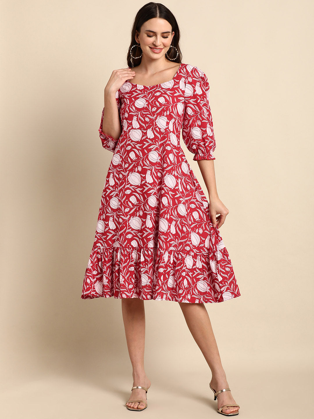 Janasya Women's Red Cotton Floral Printed A-line Western Dress 