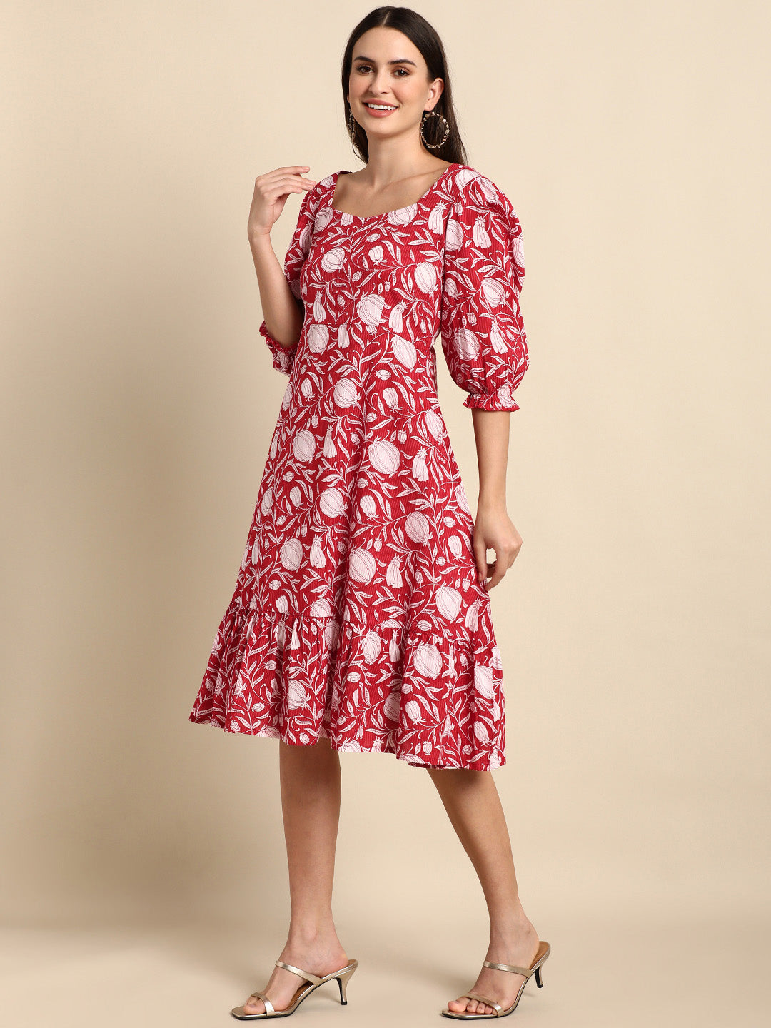 Janasya Women's Red Cotton Floral Printed A-line Western Dress 